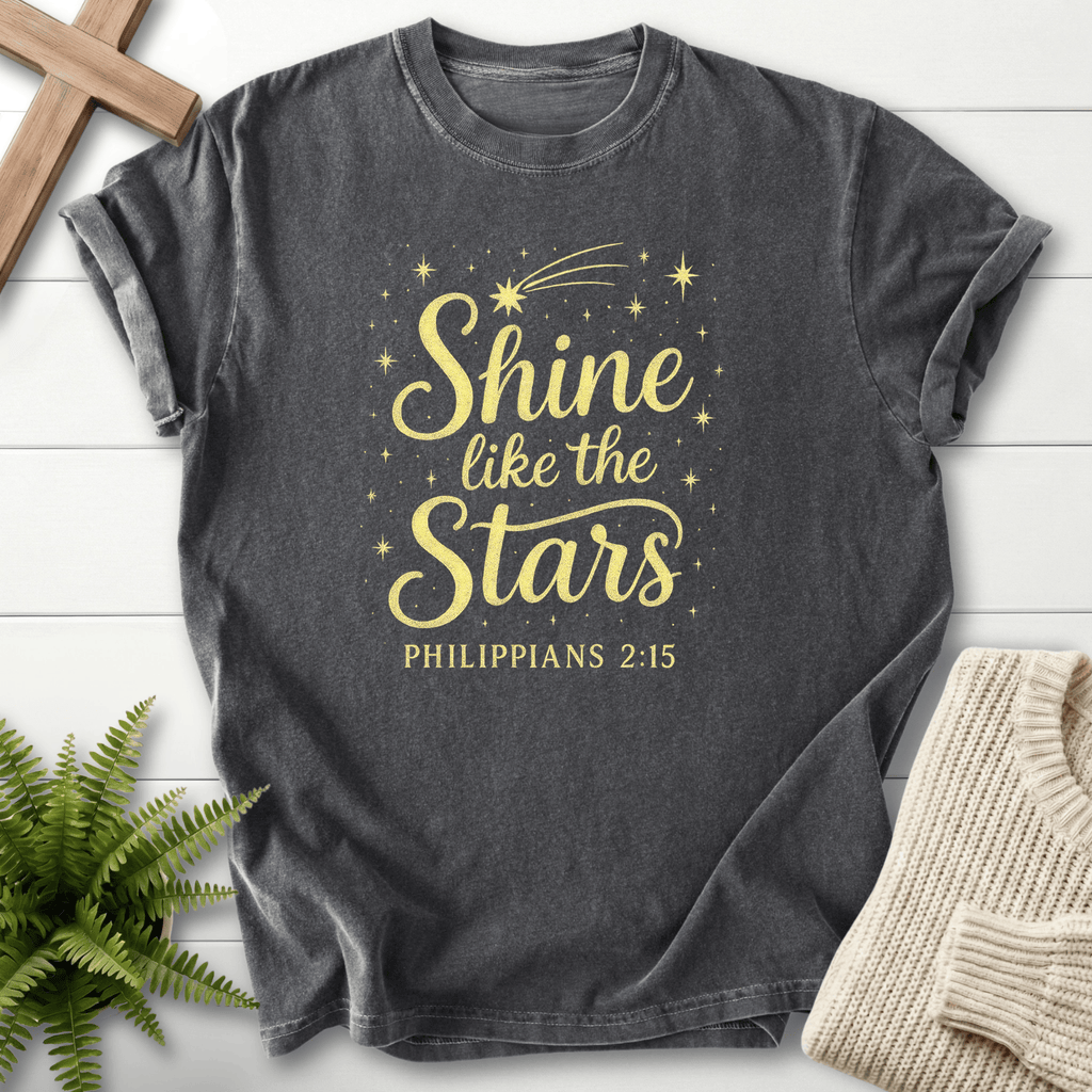 Pepper women's Scripture shirt with gold "Shine like the Stars" script and star accents, inspired by Philippians 2:15.