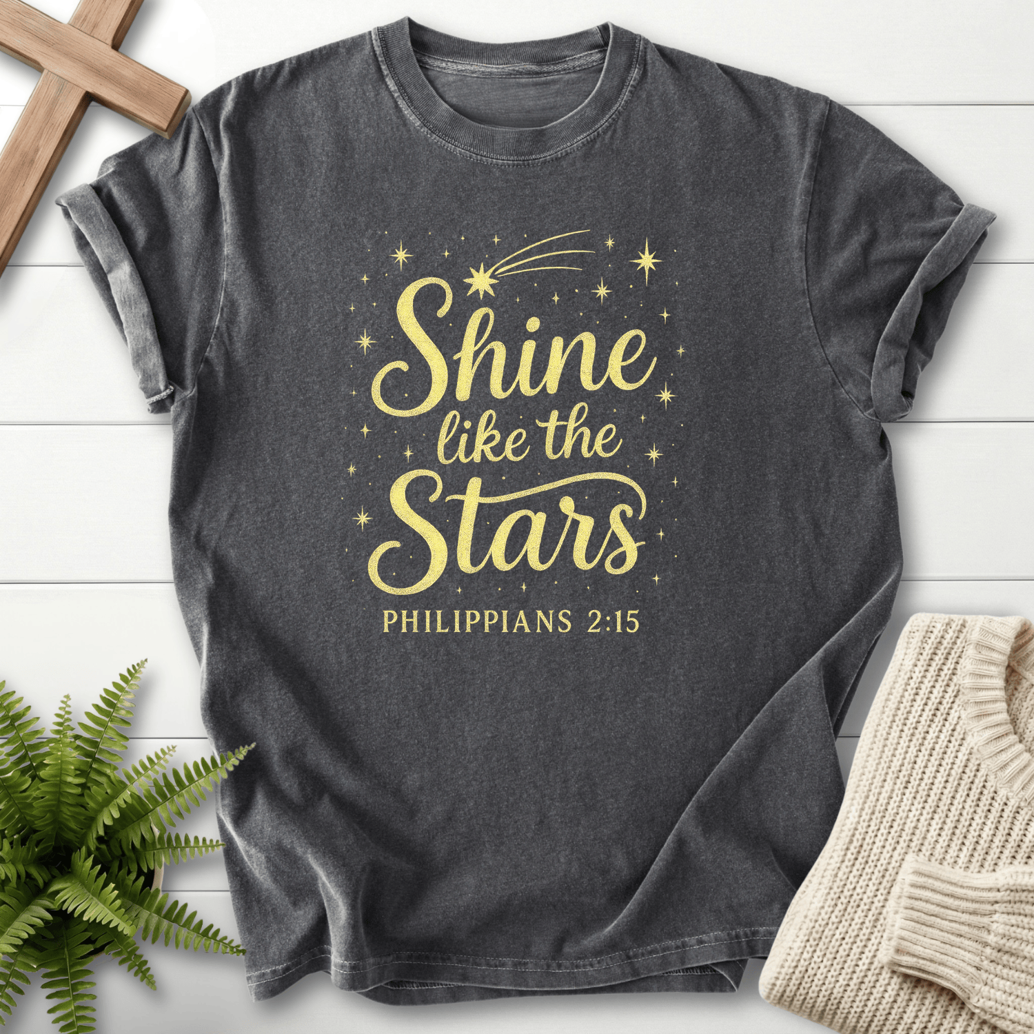 Pepper women's Scripture shirt with gold "Shine like the Stars" script and star accents, inspired by Philippians 2:15.