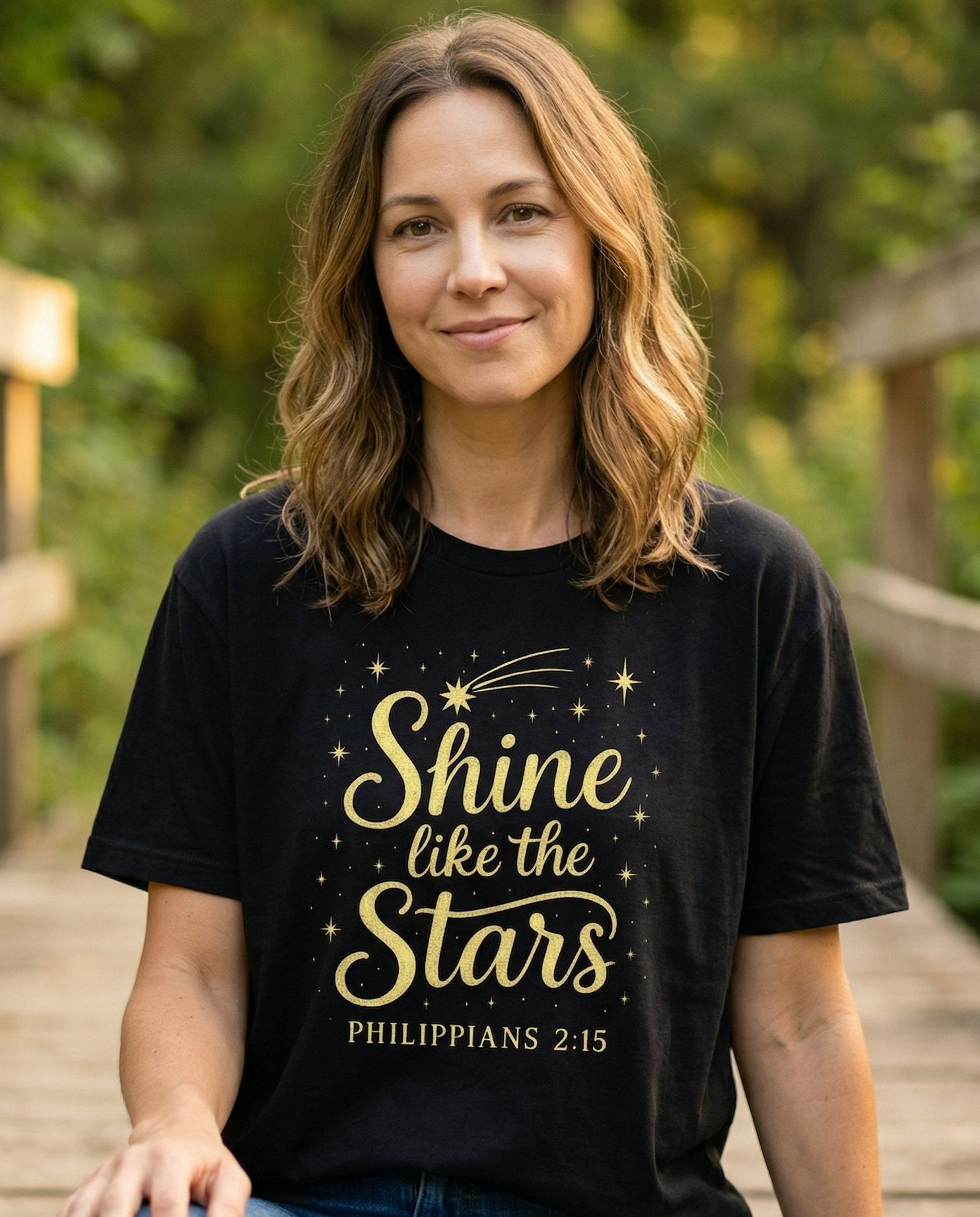Shine Like the Stars – Black women's Christian tee, lifestyle photo in nature trail – Gold script 'Shine like the Stars' with a shooting star and scattered  – Philippians 2:15 – She Wears Faith