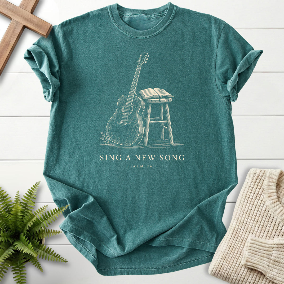 Blue Spruce color option for the Sing a New Song Guitar tee with "Sing a New Song Guitar T-Shirt" This Psalm 96:1 for women's faith apparel.