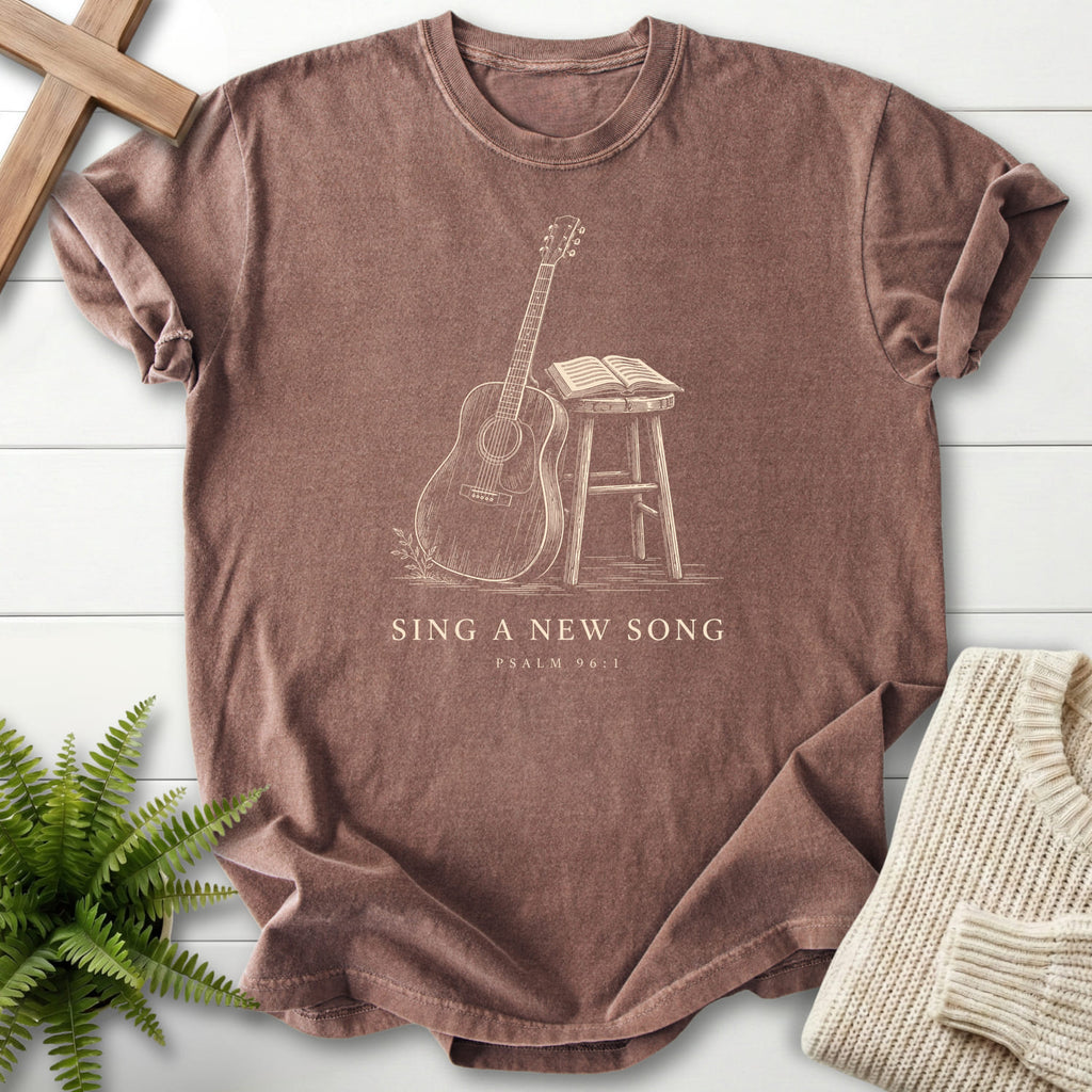 Espresso color option for the Sing a New Song Guitar garment-dyed Christian tee with "Sing a New Song Guitar T-Shirt" This Psalm 96:1.