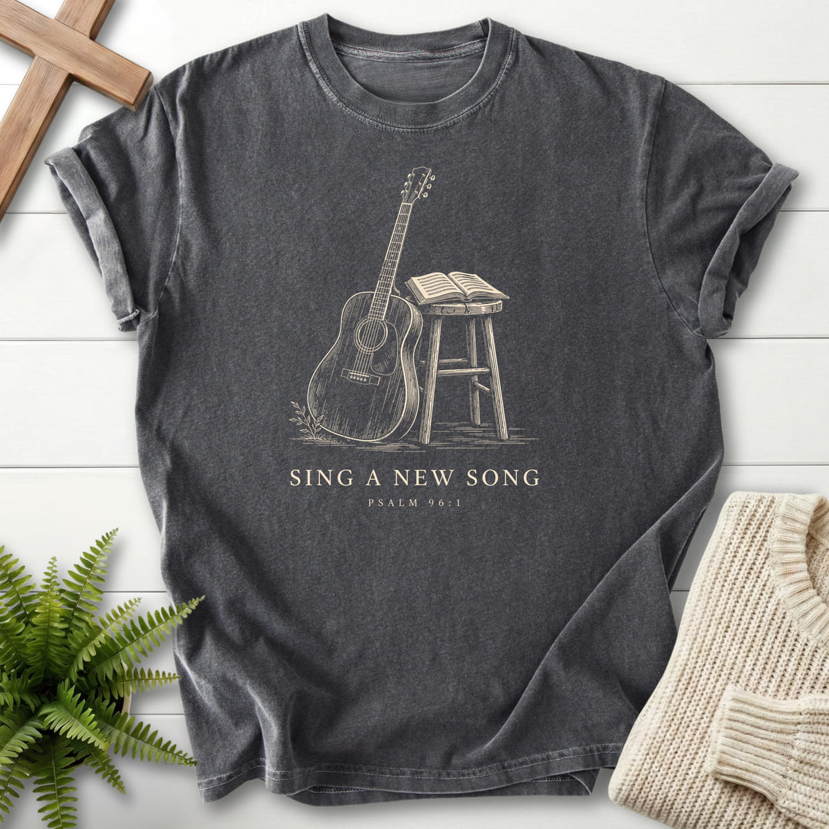 Pepper color option for the Sing a New Song Guitar faith-inspired shirt with "Sing a New Song Guitar T-Shirt" This Psalm 96:1.