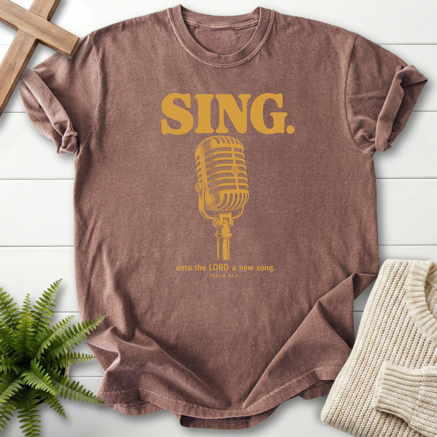 Espresso color option for the Sing Unto the LORD Psalm 96 Christian t-shirt for women with "Sing Unto the LORD Psalm 96 T-Shirt" Psalm 96:1.