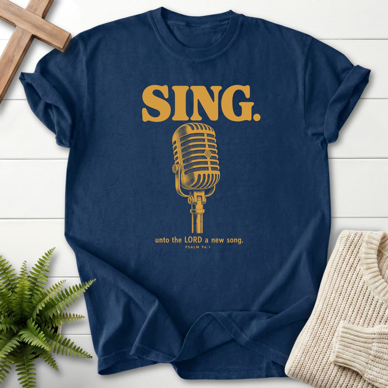 Navy color option for the Sing Unto the LORD Psalm 96 Bible verse tee with "Sing Unto the LORD Psalm 96 T-Shirt" Psalm 96:1.