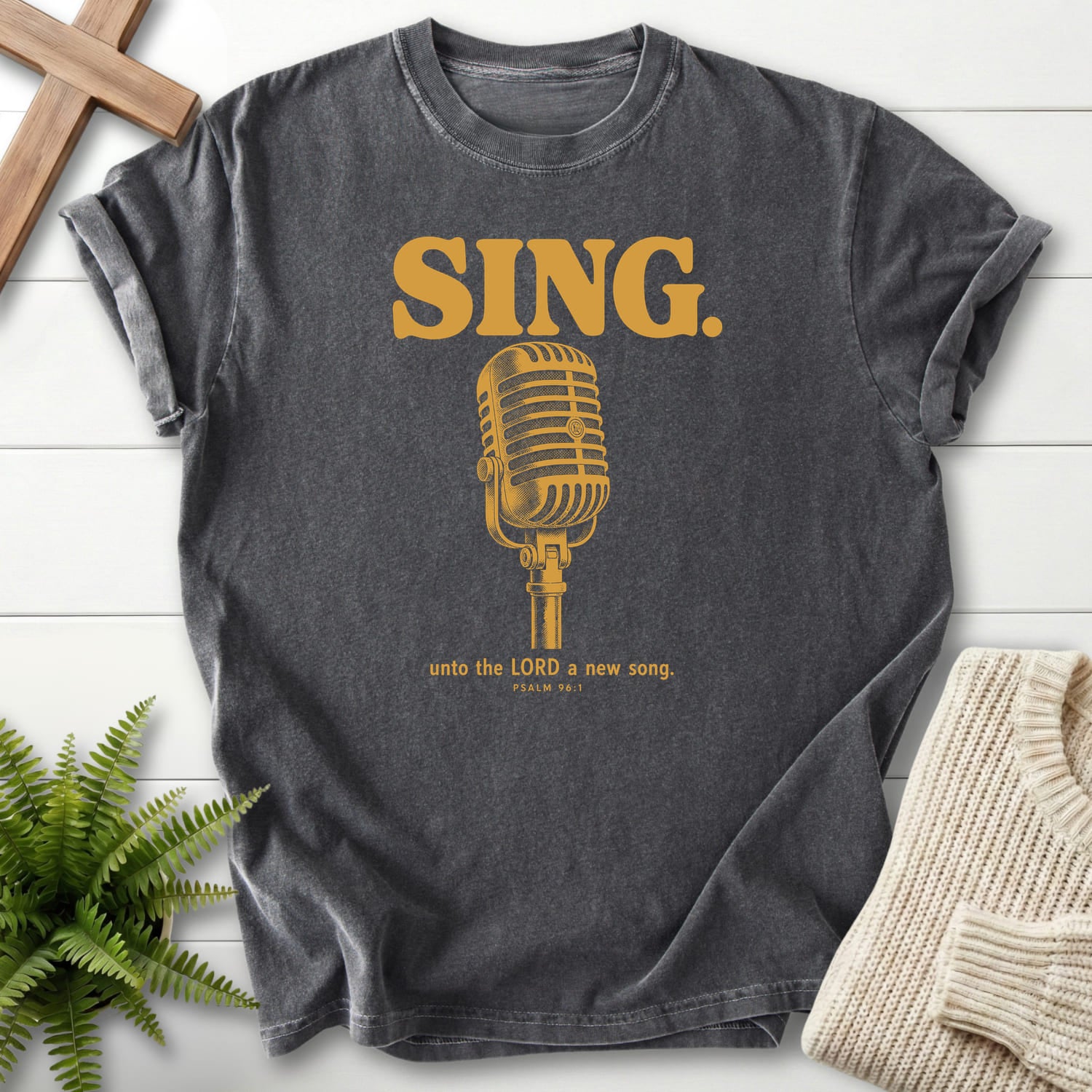 Pepper color option for the Sing Unto the LORD Psalm 96 tee with "Sing Unto the LORD Psalm 96 T-Shirt" Psalm 96:1 from Printify.