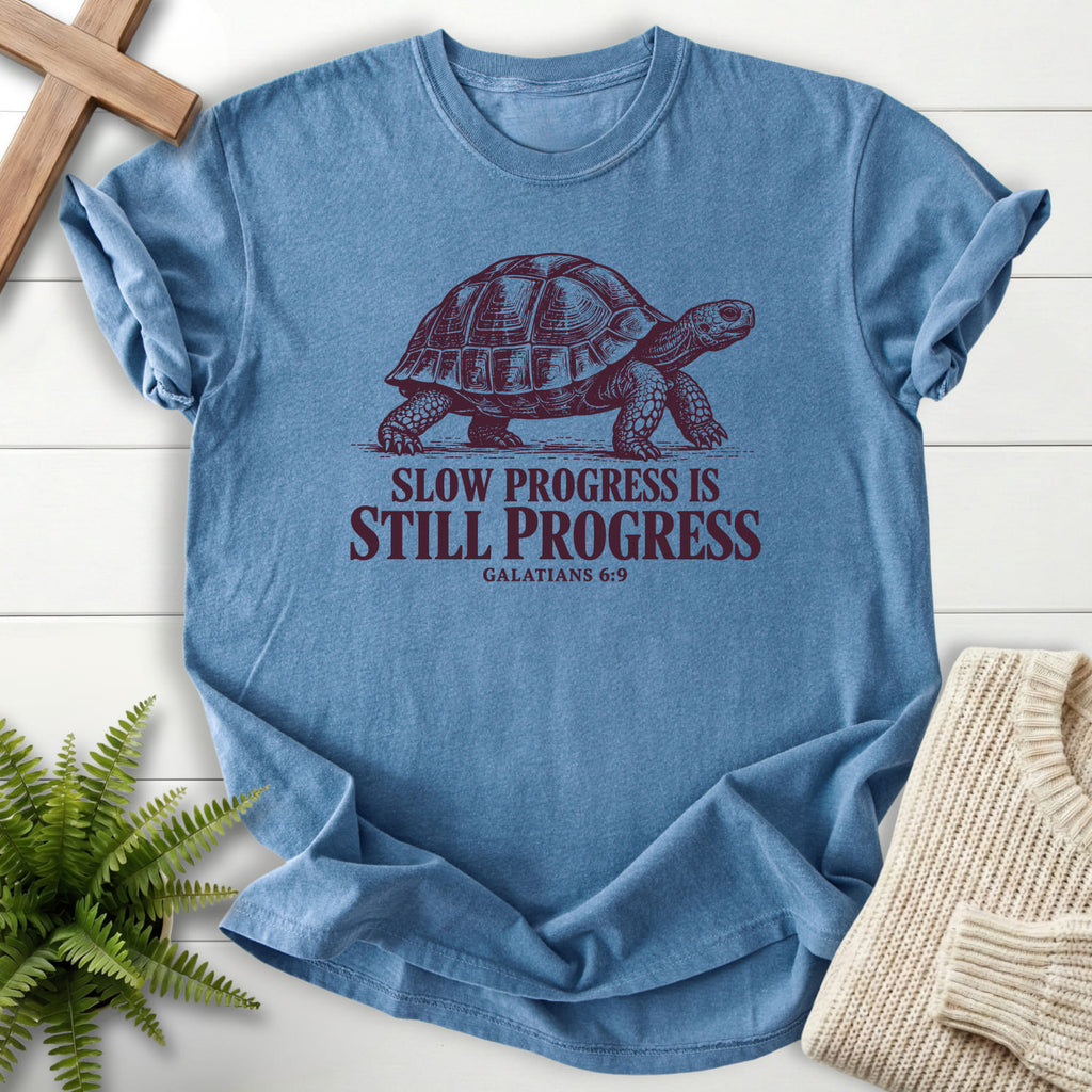 Blue Jean color option for the Slow Progress Is Still Progress tee with "Slow Progress Is Still Progress T-Shirt" Galatians 6:9 for women's faith.