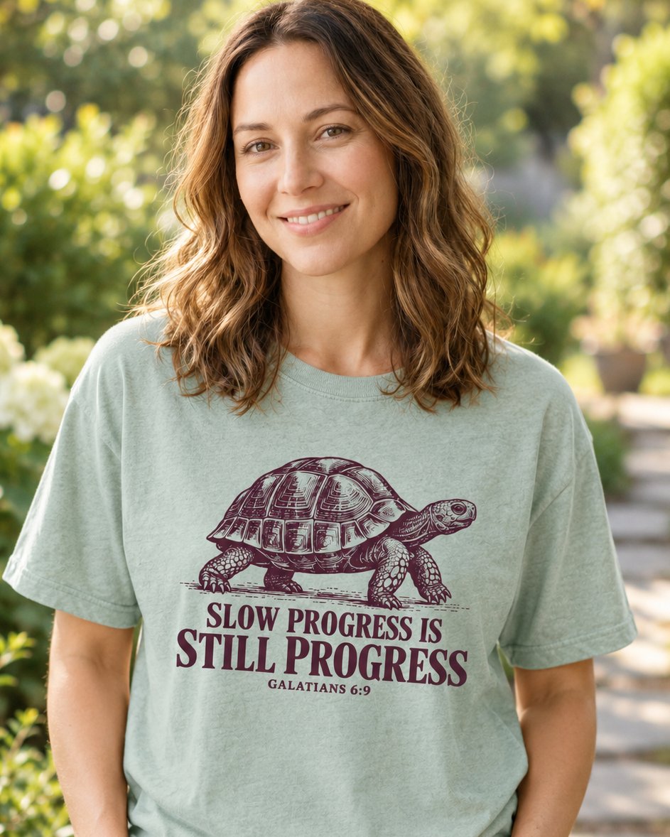 Slow Progress Is Still Progress, Bay women's Christian tee, lifestyle photo in outdoor garden, Engraved tortoise with Slow Progress Is Still Progress text, Galatians 6:9, She Wears Faith.