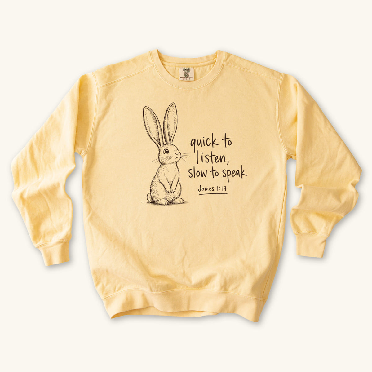 Butter Slow to Speak sweatshirt flat lay mockup, James 1:19 Christian apparel for women