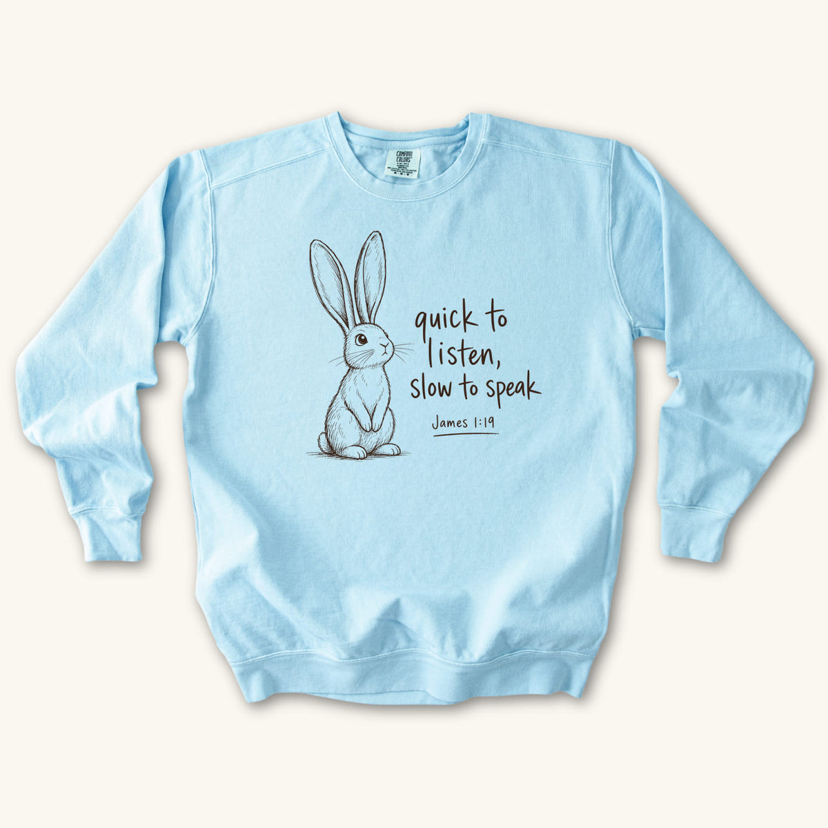 Chambray Slow to Speak sweatshirt flat lay mockup, James 1:19 Christian apparel for women