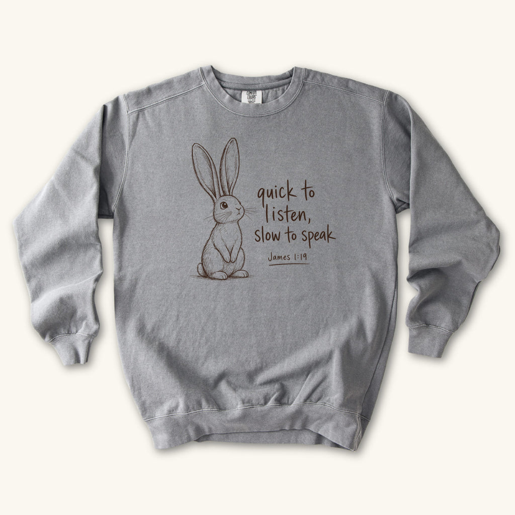 Grey Slow to Speak sweatshirt flat lay mockup, James 1:19 Christian apparel for women
