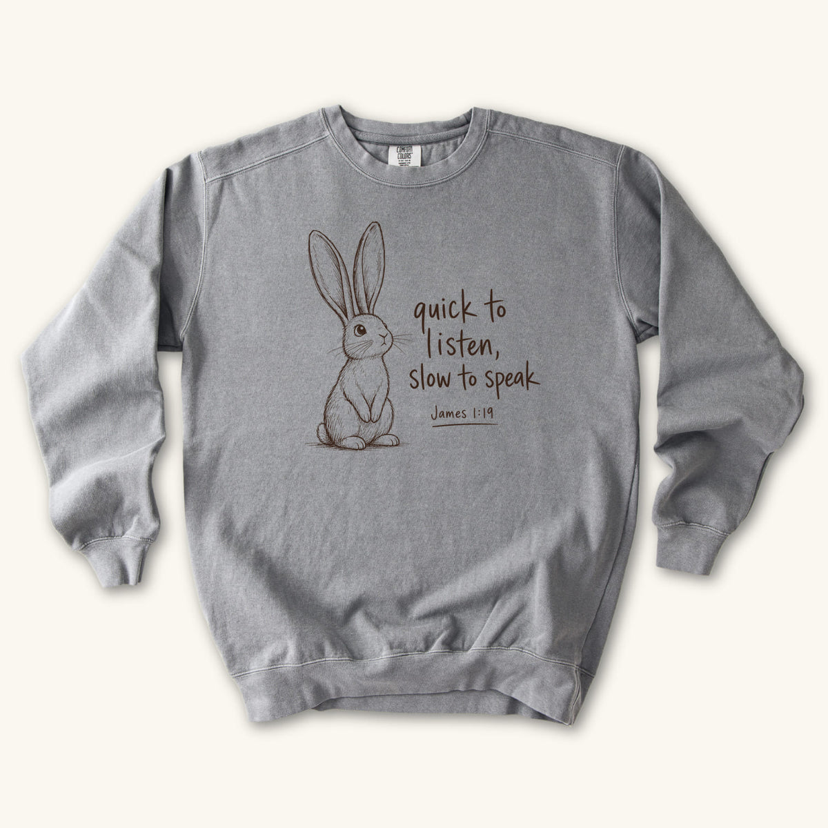 Grey Slow to Speak sweatshirt flat lay mockup, James 1:19 Christian apparel for women