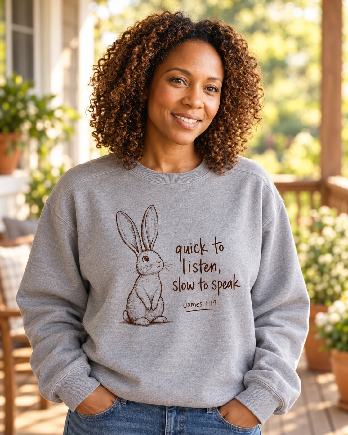 Quick to Listen Slow to Speak Rabbit James 1:19, Grey women's Christian sweatshirt, lifestyle photo in sunny porch, rabbit with quick to listen slow to speak lettering, She Wears Faith