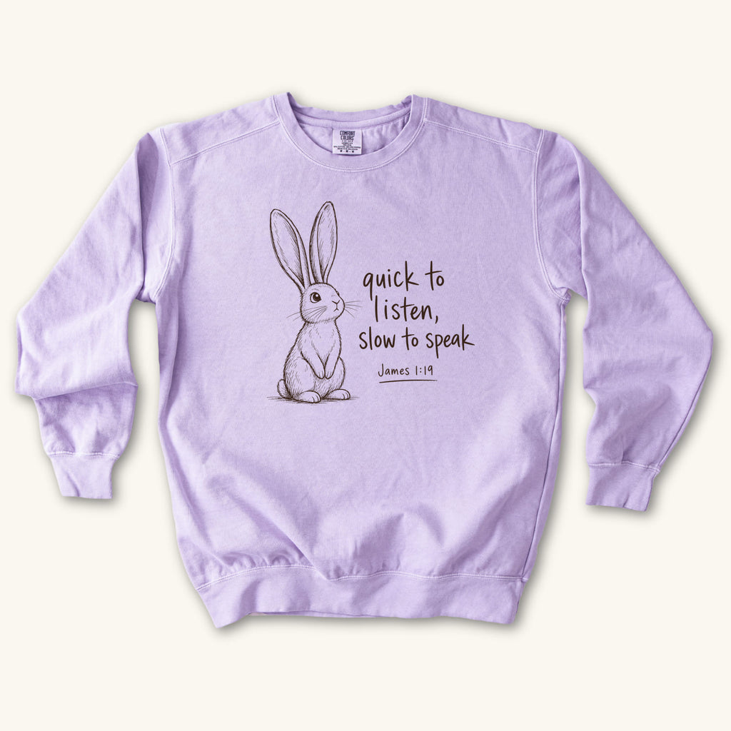Orchid Slow to Speak sweatshirt flat lay mockup, James 1:19 Christian apparel for women