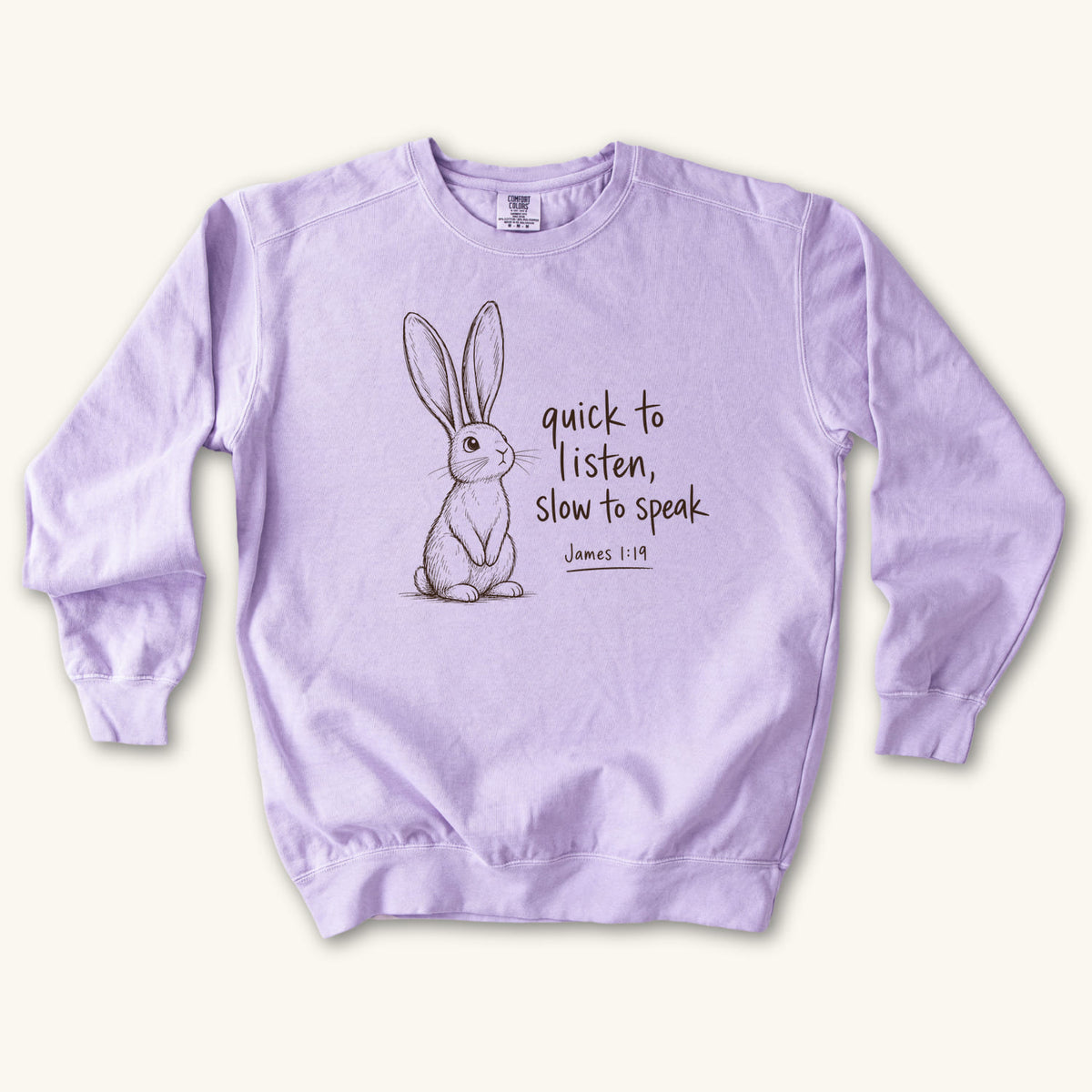 Orchid Slow to Speak sweatshirt flat lay mockup, James 1:19 Christian apparel for women