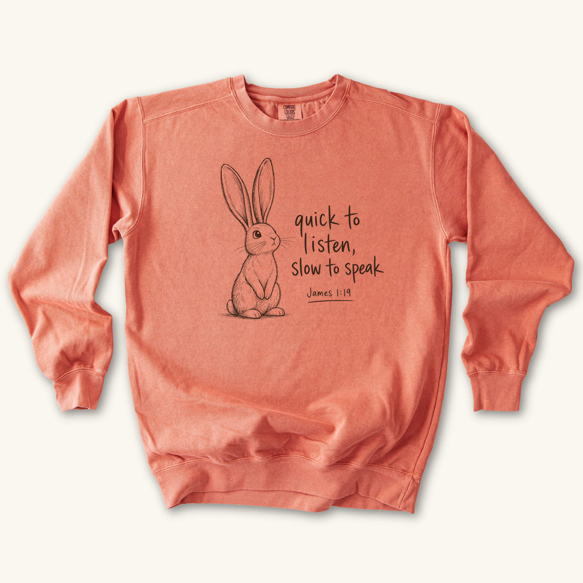 Terracotta Slow to Speak sweatshirt flat lay mockup, James 1:19 Christian apparel for women