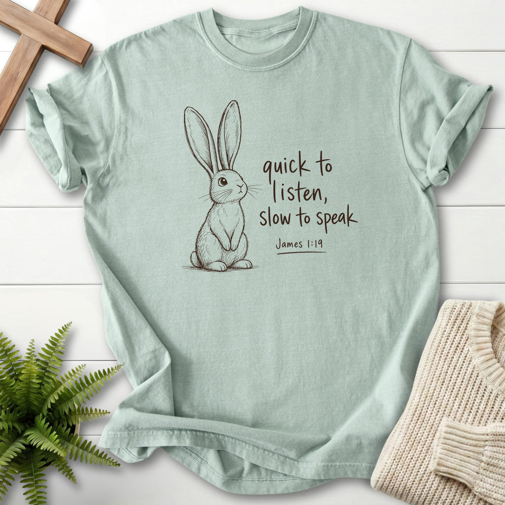 Bay Slow to Speak T-shirt flat lay mockup, James 1:19 Christian apparel for women