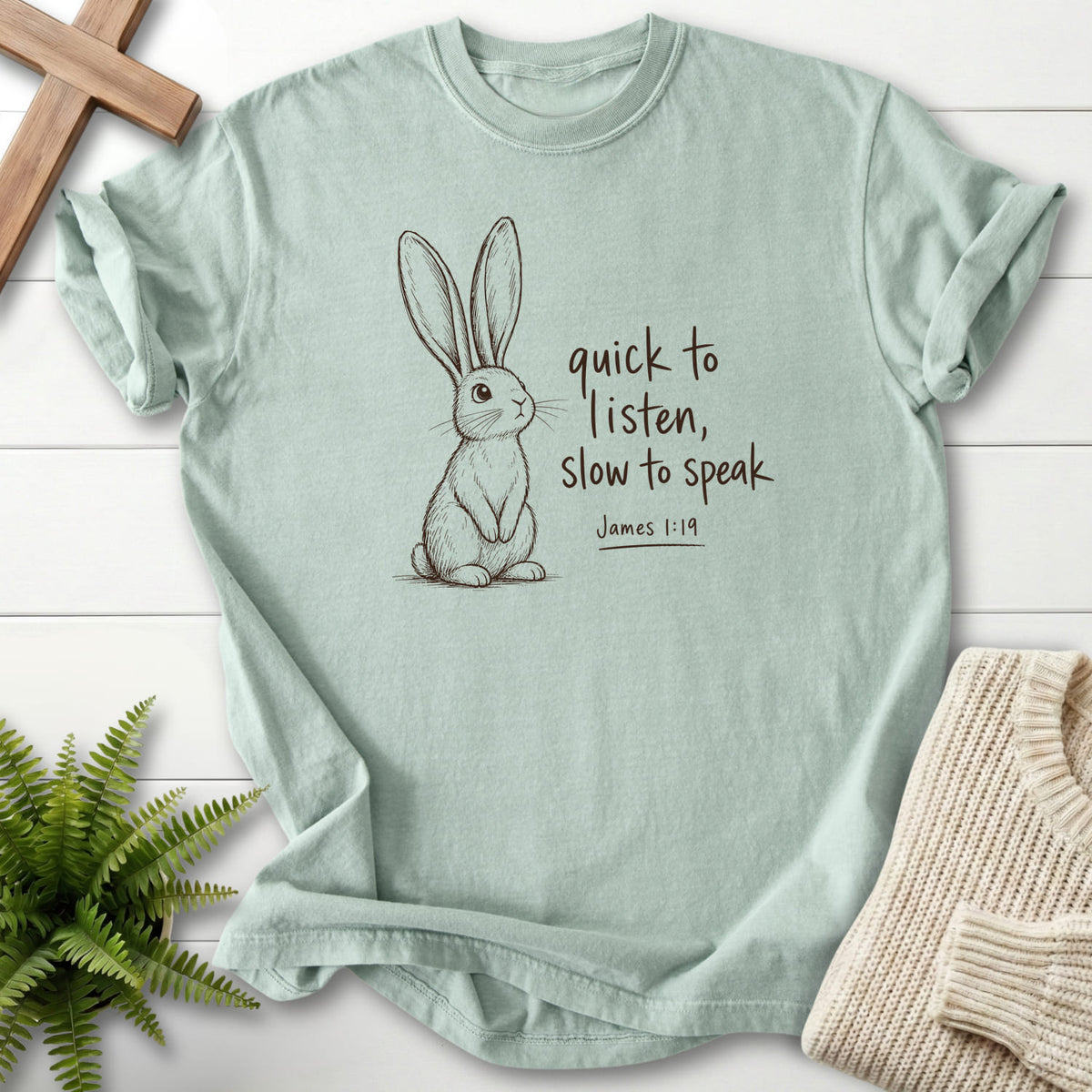 Bay Slow to Speak T-shirt flat lay mockup, James 1:19 Christian apparel for women