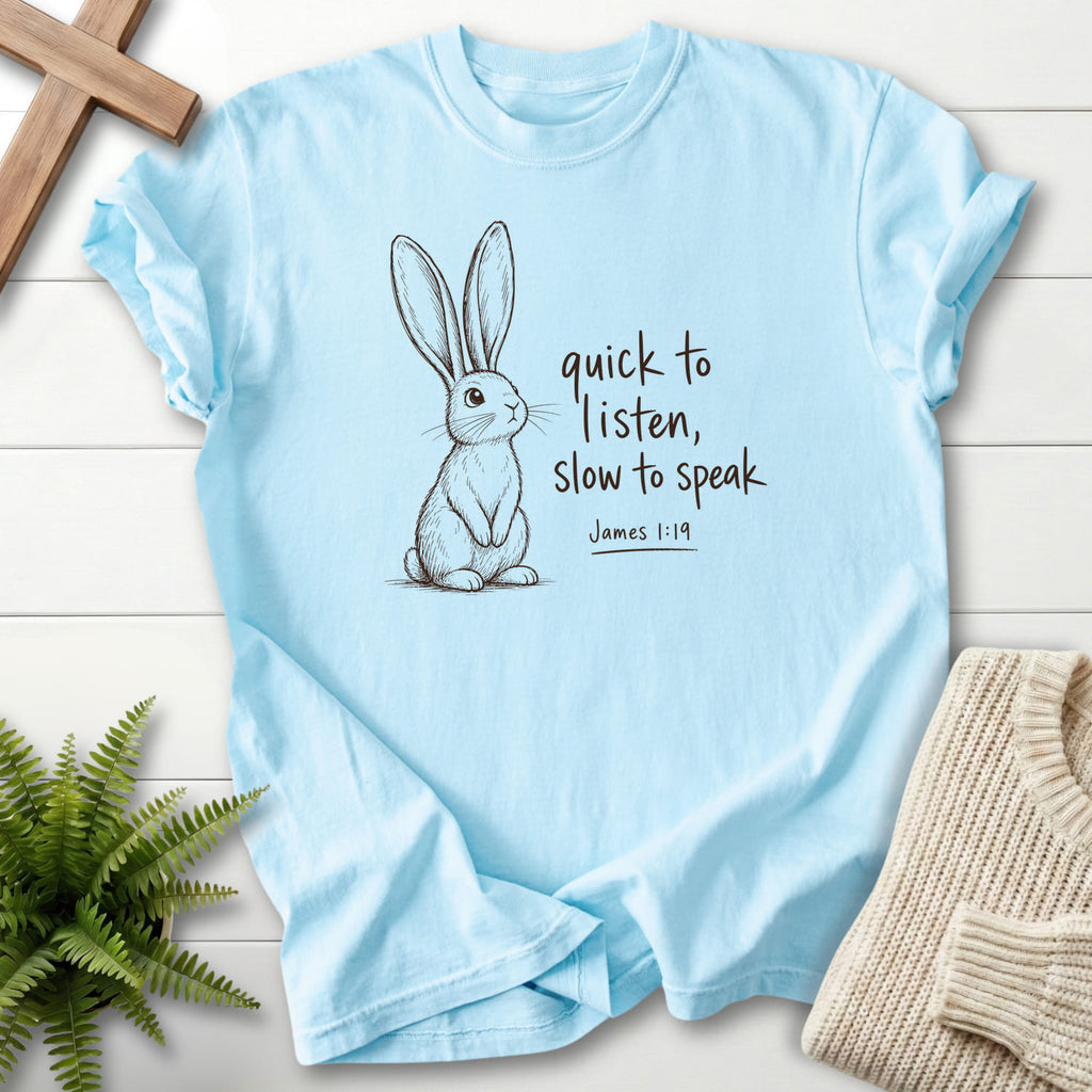 Chambray Slow to Speak T-shirt flat lay mockup, James 1:19 Christian apparel for women
