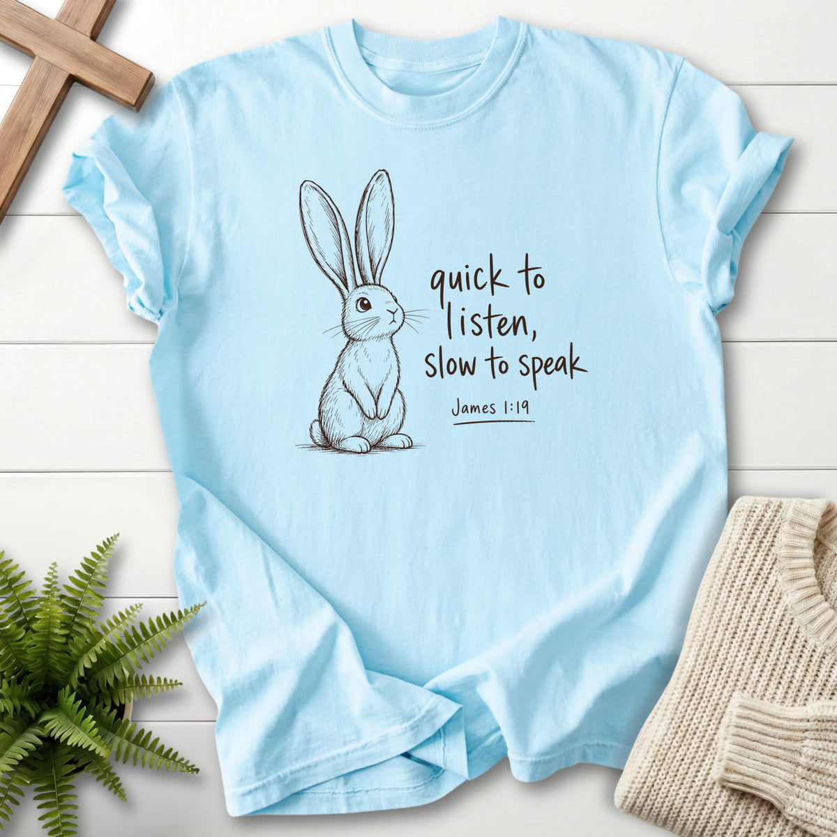 Chambray Slow to Speak T-shirt flat lay mockup, James 1:19 Christian apparel for women