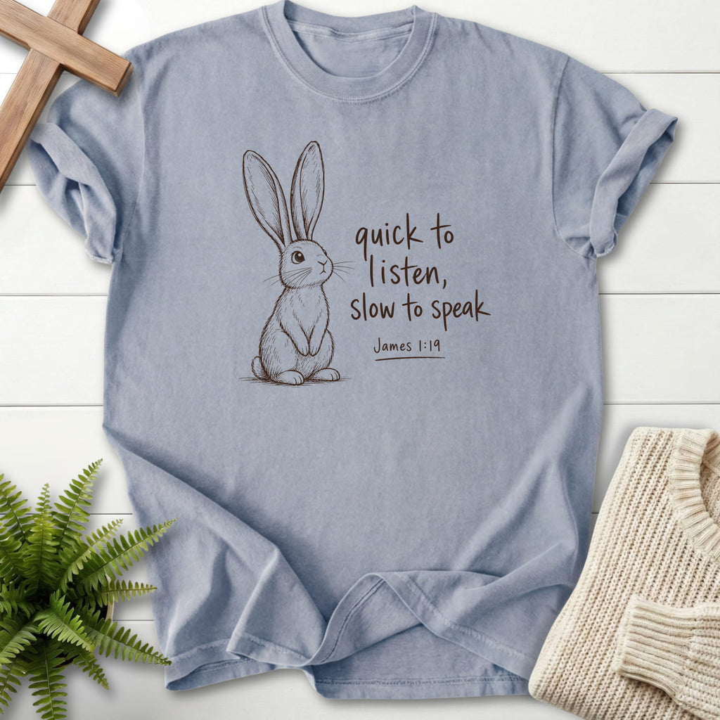 Granite Slow to Speak T-shirt flat lay mockup, James 1:19 Christian apparel for women