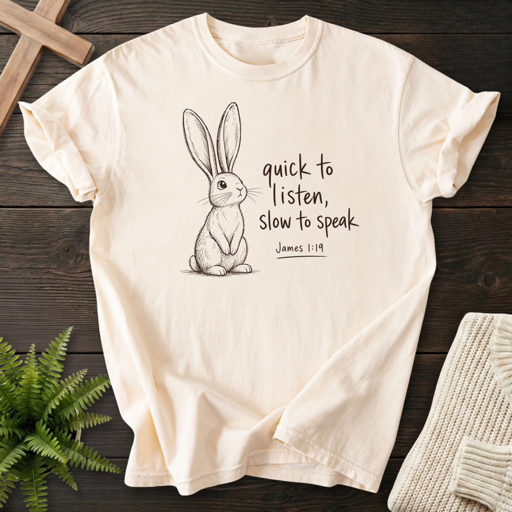 Ivory Slow to Speak T-shirt flat lay mockup, James 1:19 Christian apparel for women