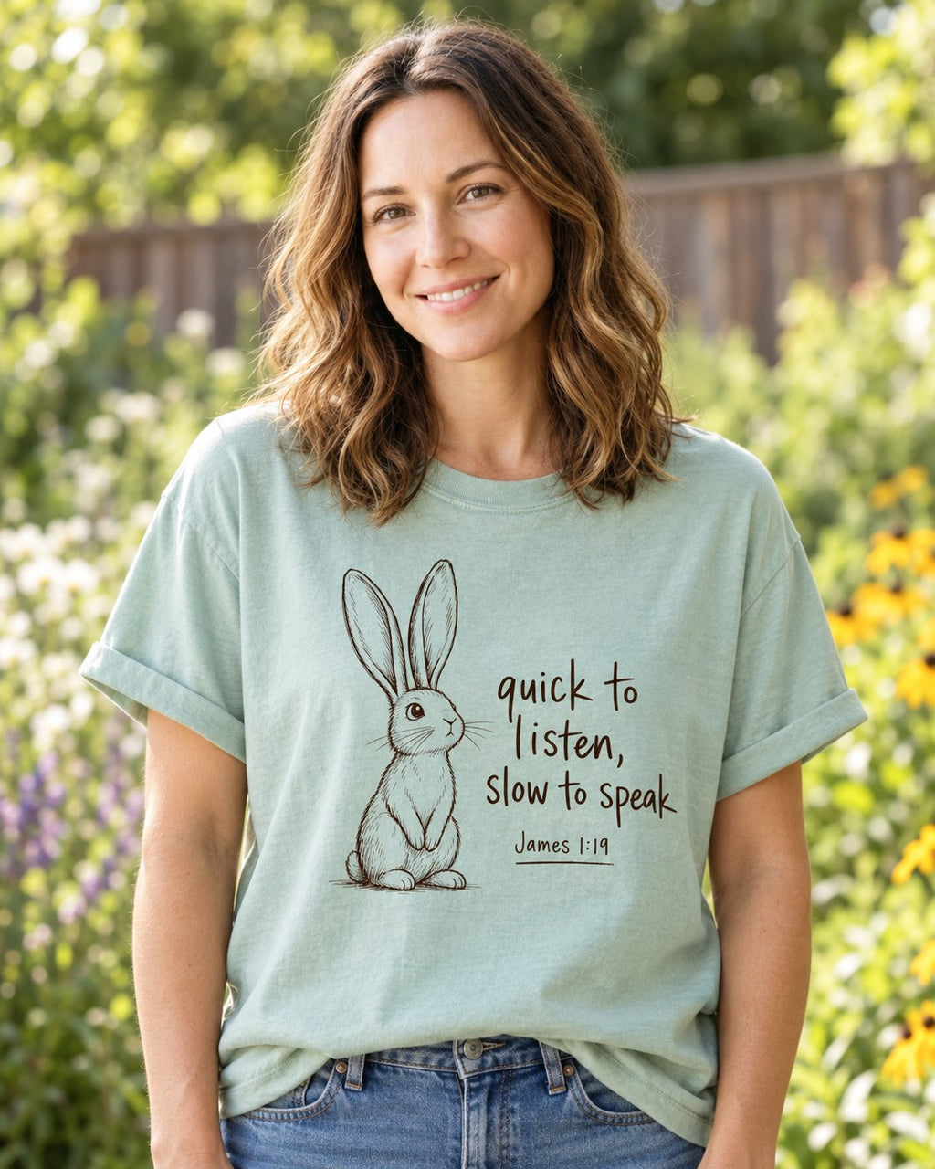 Quick to Listen Slow to Speak Rabbit James 1:19, Bay women's Christian tee, lifestyle photo in outdoor garden, rabbit with quick to listen slow to speak lettering, She Wears Faith
