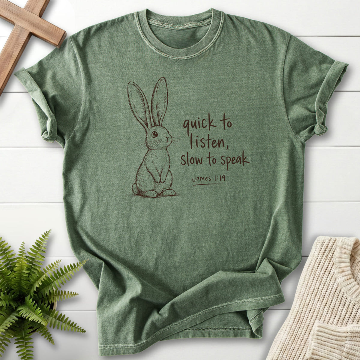 Moss Slow to Speak T-shirt flat lay mockup, James 1:19 Christian apparel for women