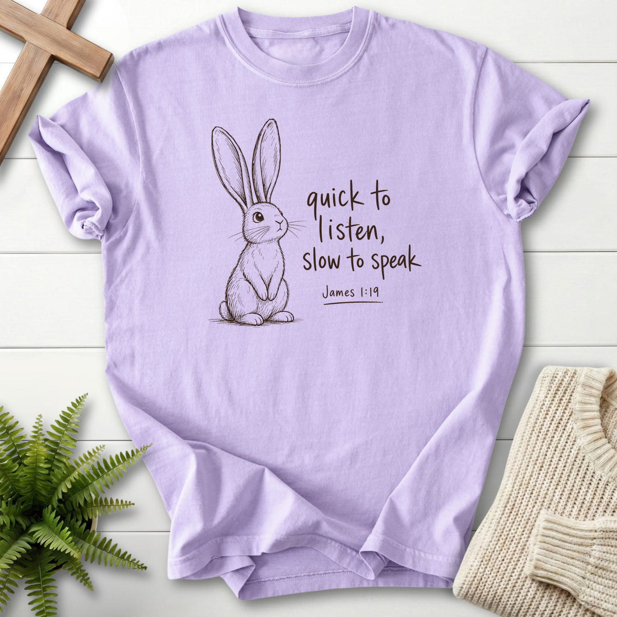 Orchid Slow to Speak T-shirt flat lay mockup, James 1:19 Christian apparel for women