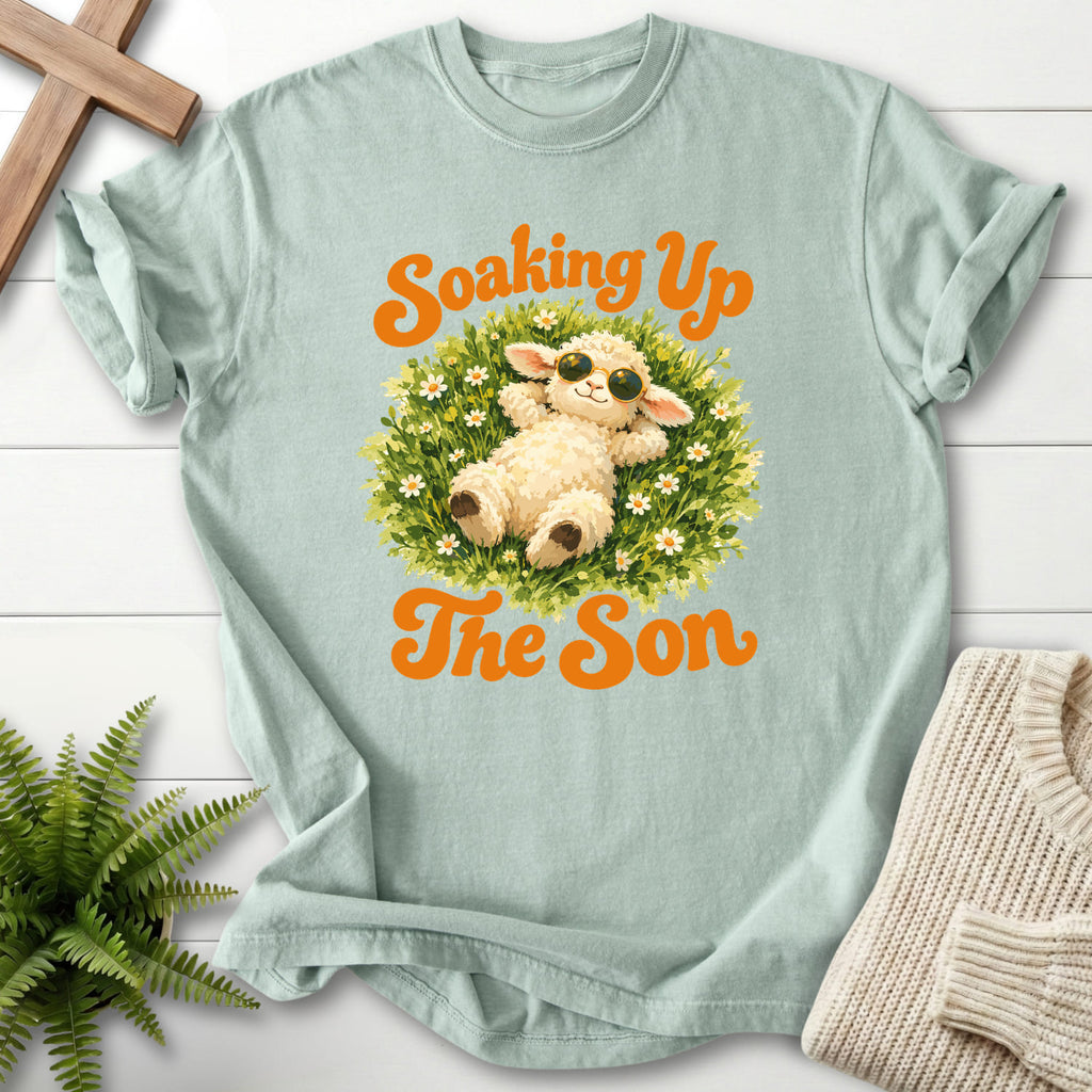 Bay Soaking Up the Son T-shirt flat lay mockup, Christian apparel for women