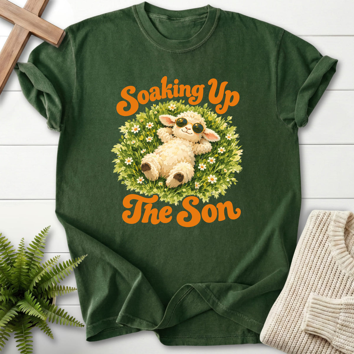 Hemp Soaking Up the Son T-shirt flat lay mockup, Christian apparel for women