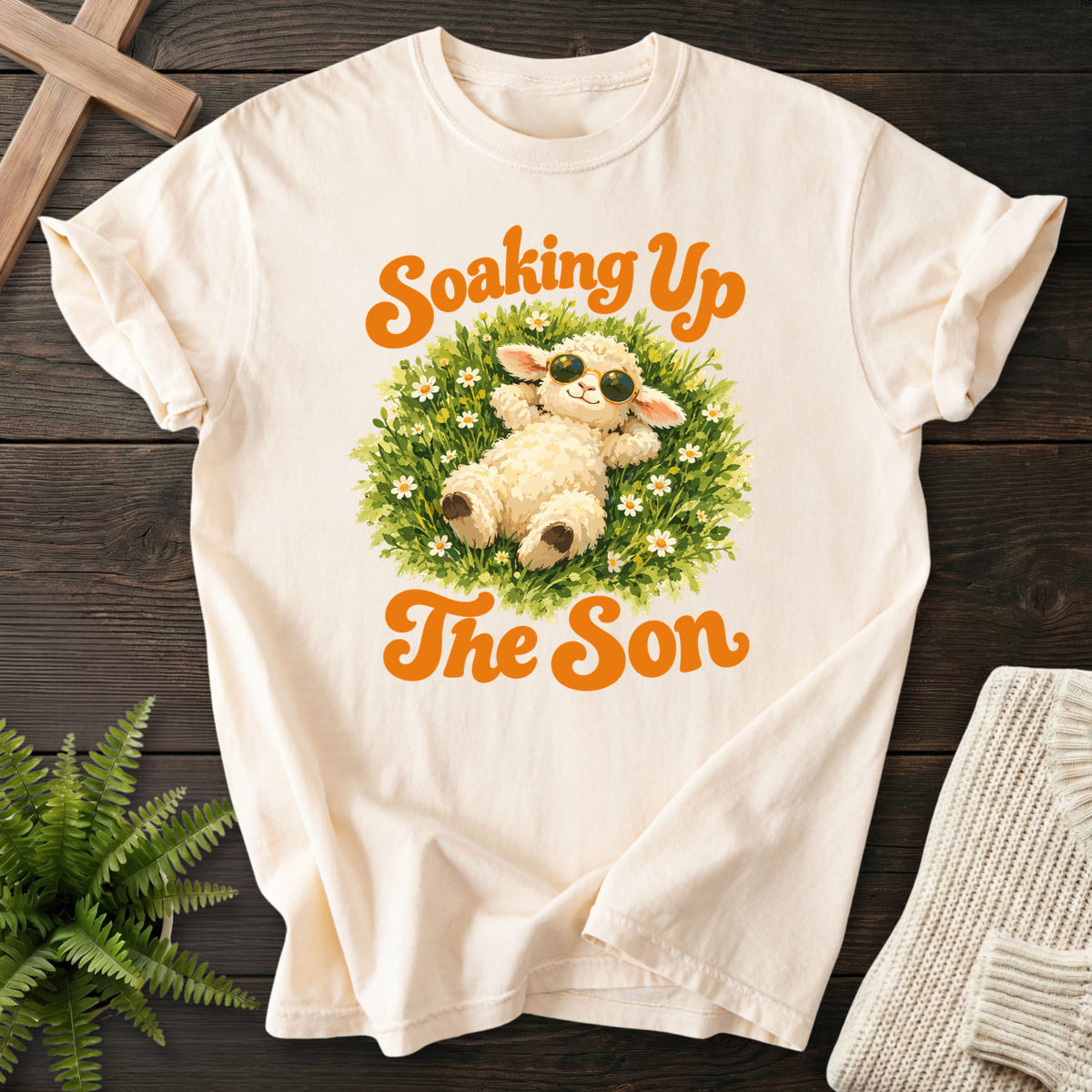 Ivory Soaking Up the Son T-shirt flat lay mockup, Christian apparel for women