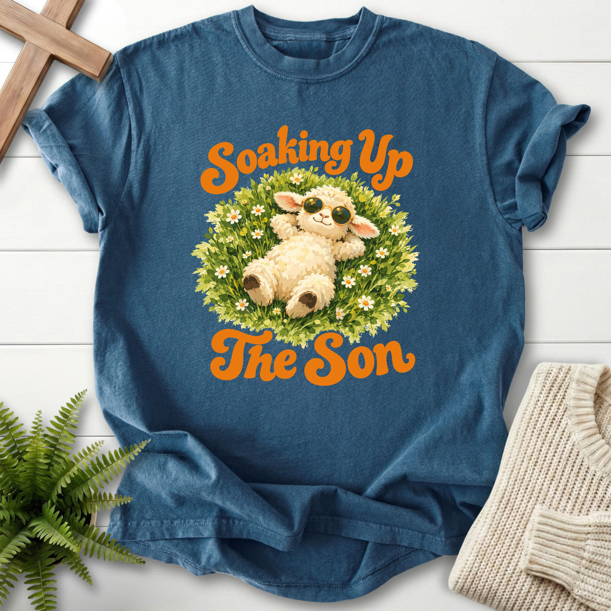 Midnight Soaking Up the Son T-shirt flat lay mockup, Christian apparel for women