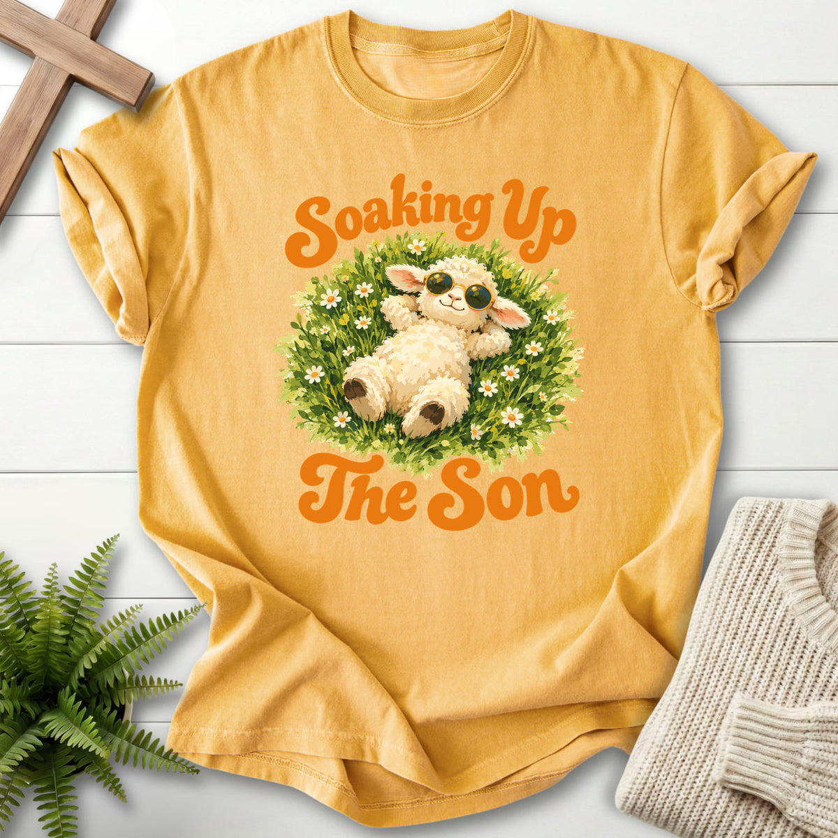 Mustard Soaking Up the Son T-shirt flat lay mockup, Christian apparel for women