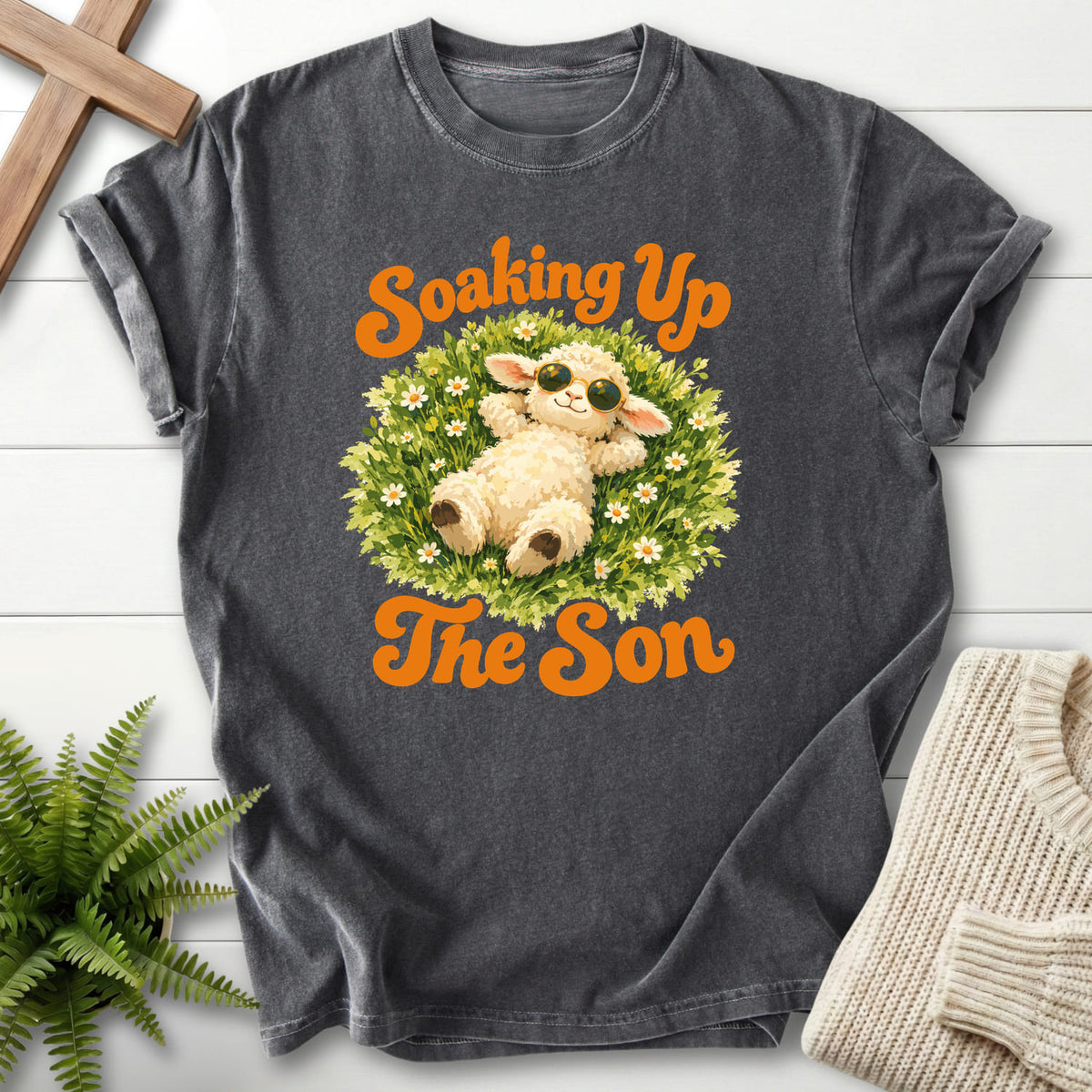 Pepper Soaking Up the Son T-shirt flat lay mockup, Christian apparel for women