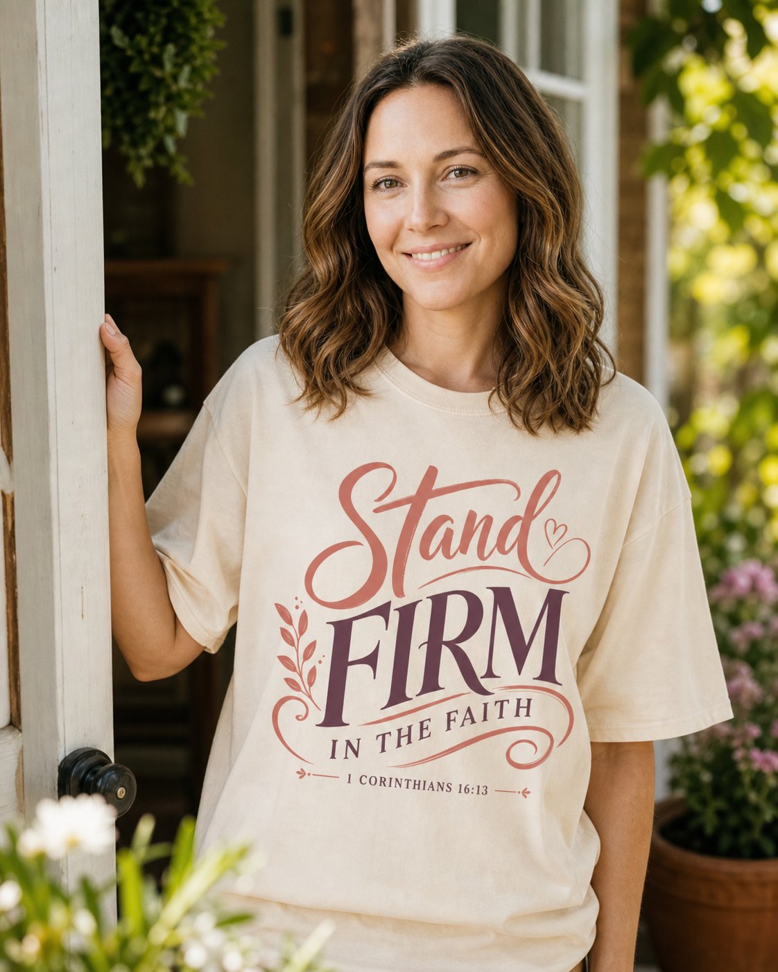 Stand Firm in the Faith – Ivory women's Christian tee, lifestyle photo in cottage doorway – Elegant script and serif lettering with a leaf sprig – 1 Corinthians 16:13 – She Wears Faith