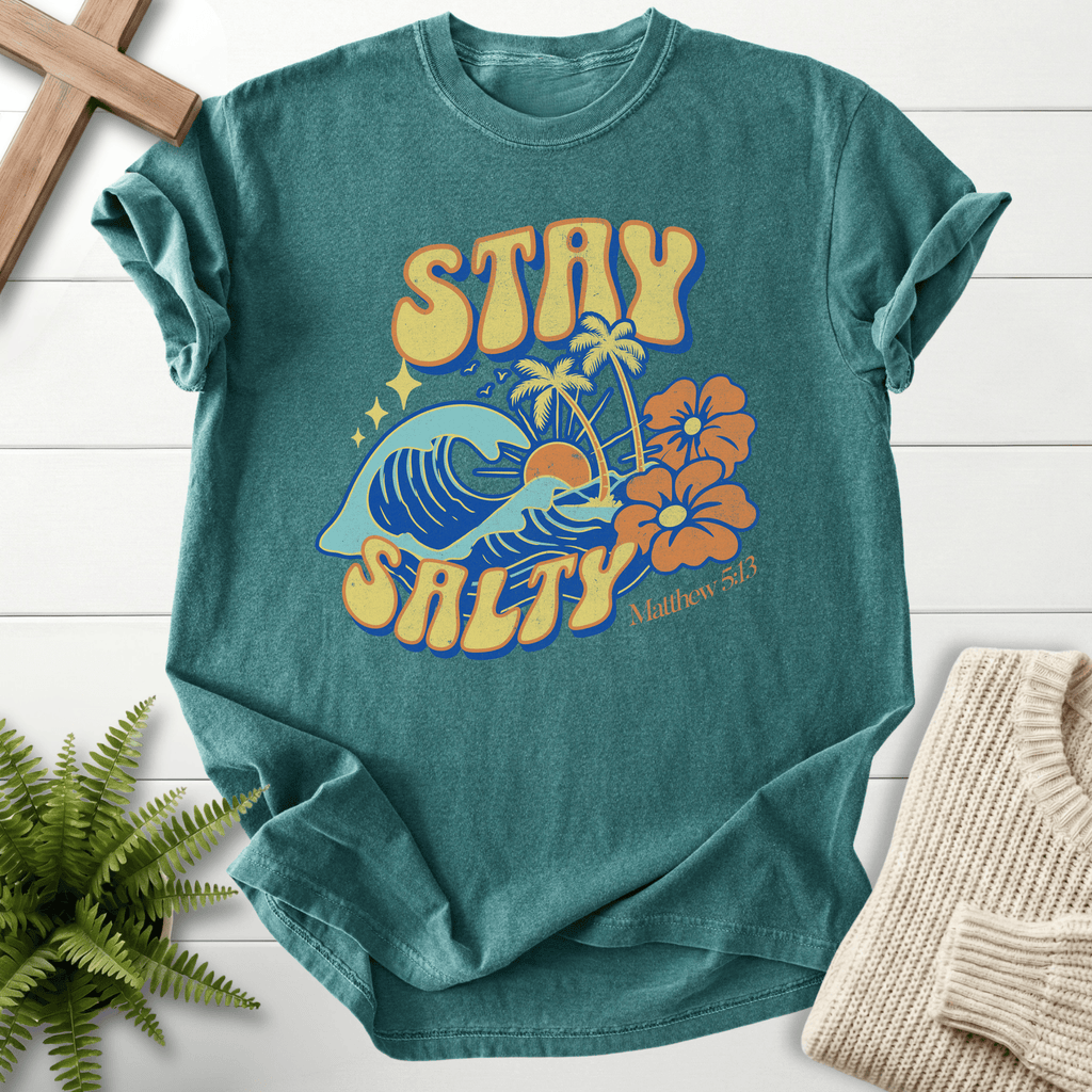 Blue Spruce women's Bible verse tee with Stay Salty ocean wave, inspired by Matthew 5:13.