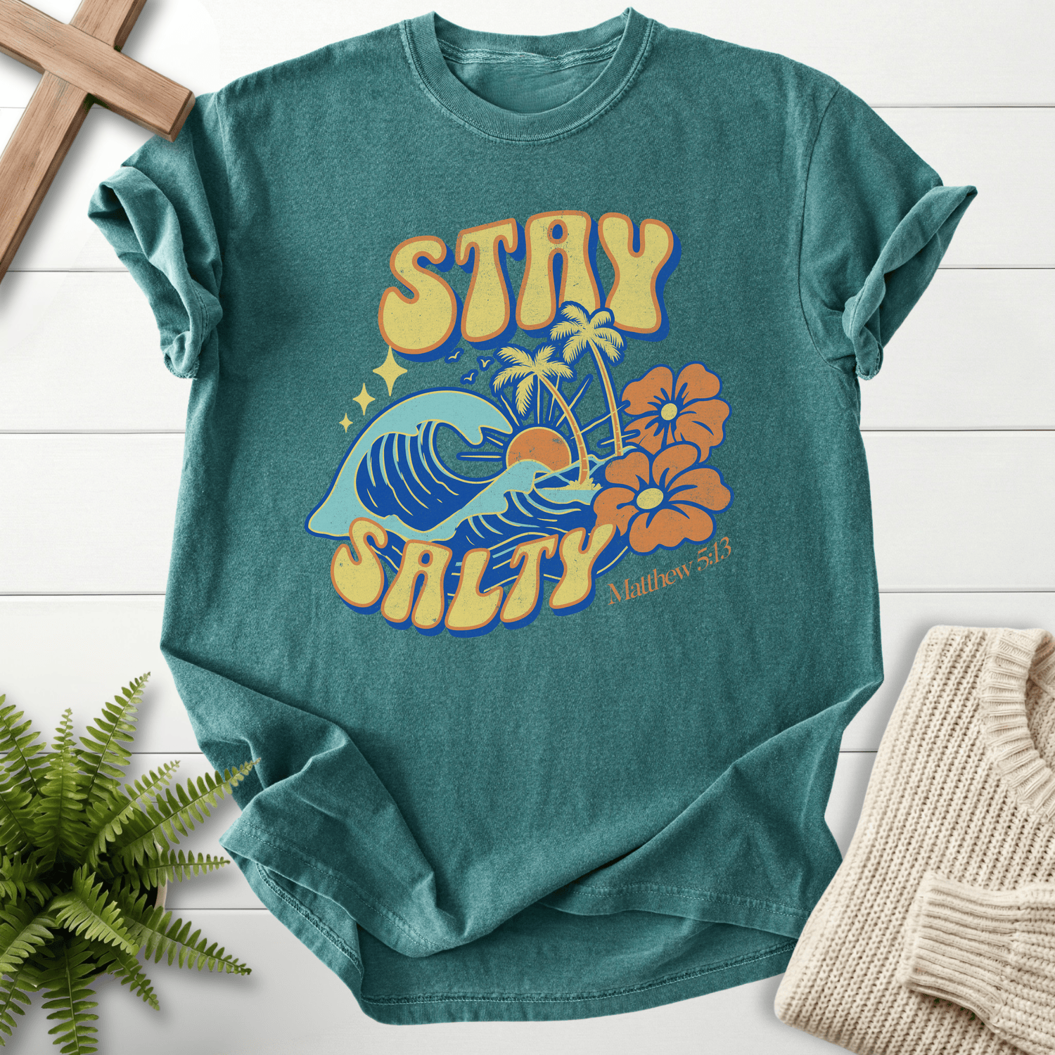 Blue Spruce women's Bible verse tee with Stay Salty ocean wave, inspired by Matthew 5:13.