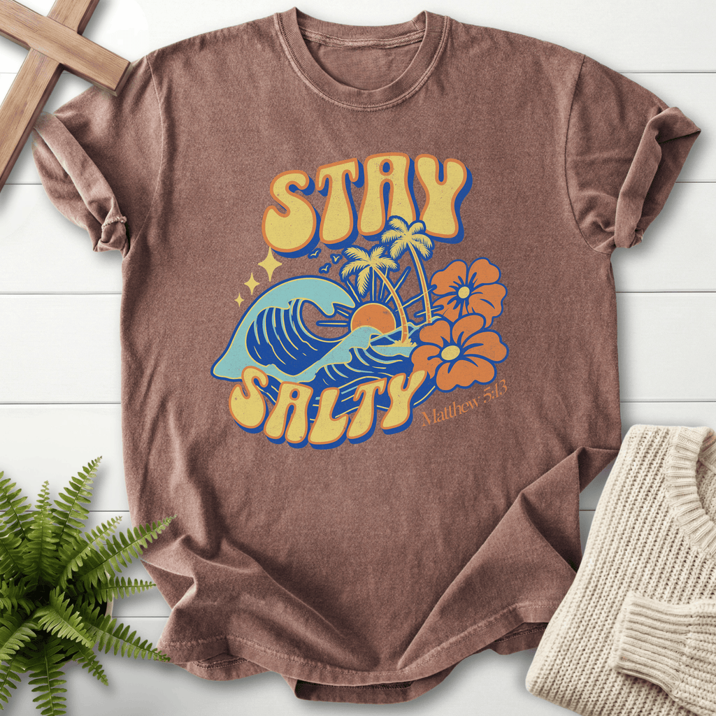 Espresso women's Scripture shirt with retro Stay Salty wave and tropical flowers, inspired by Matthew 5:13.