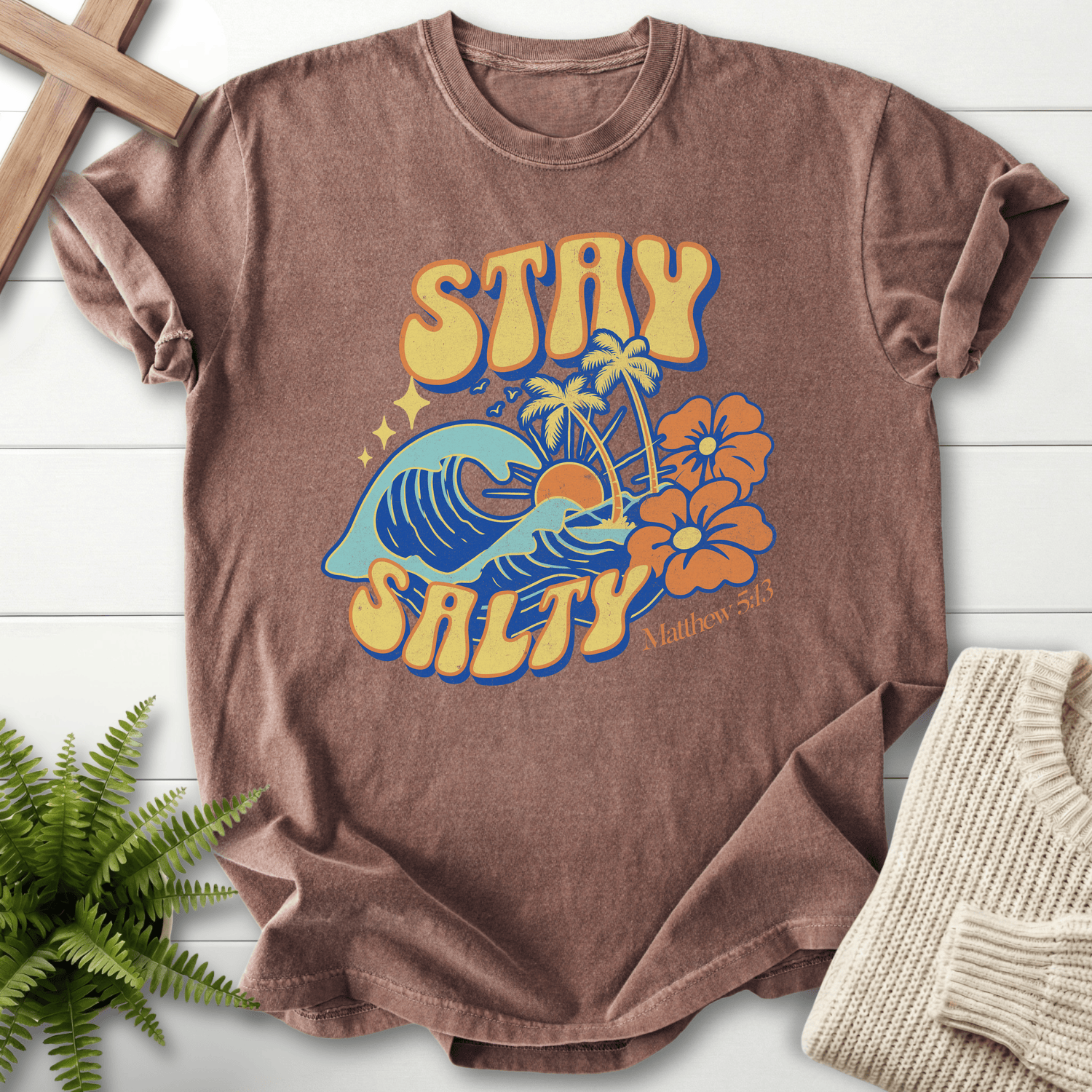 Espresso women's Scripture shirt with retro Stay Salty wave and tropical flowers, inspired by Matthew 5:13.