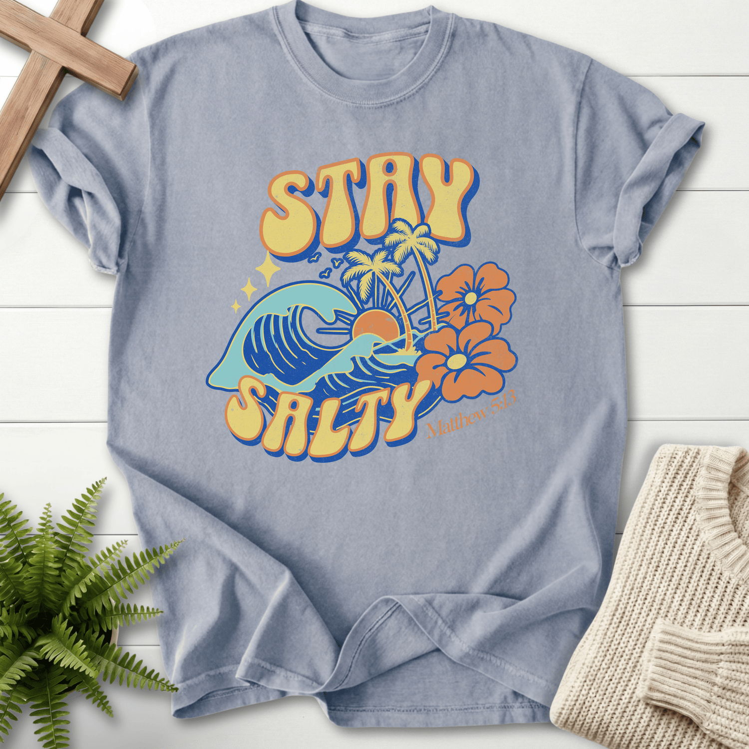 Granite women's Christian t-shirt with retro beach Stay Salty graphic, inspired by Matthew 5:13.