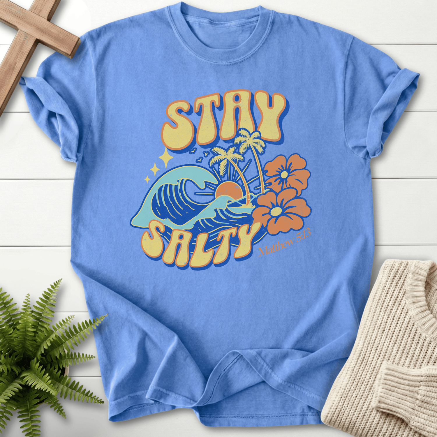 Mystic Blue women's Christian t-shirt with Stay Salty palm tree wave design, inspired by Matthew 5:13.