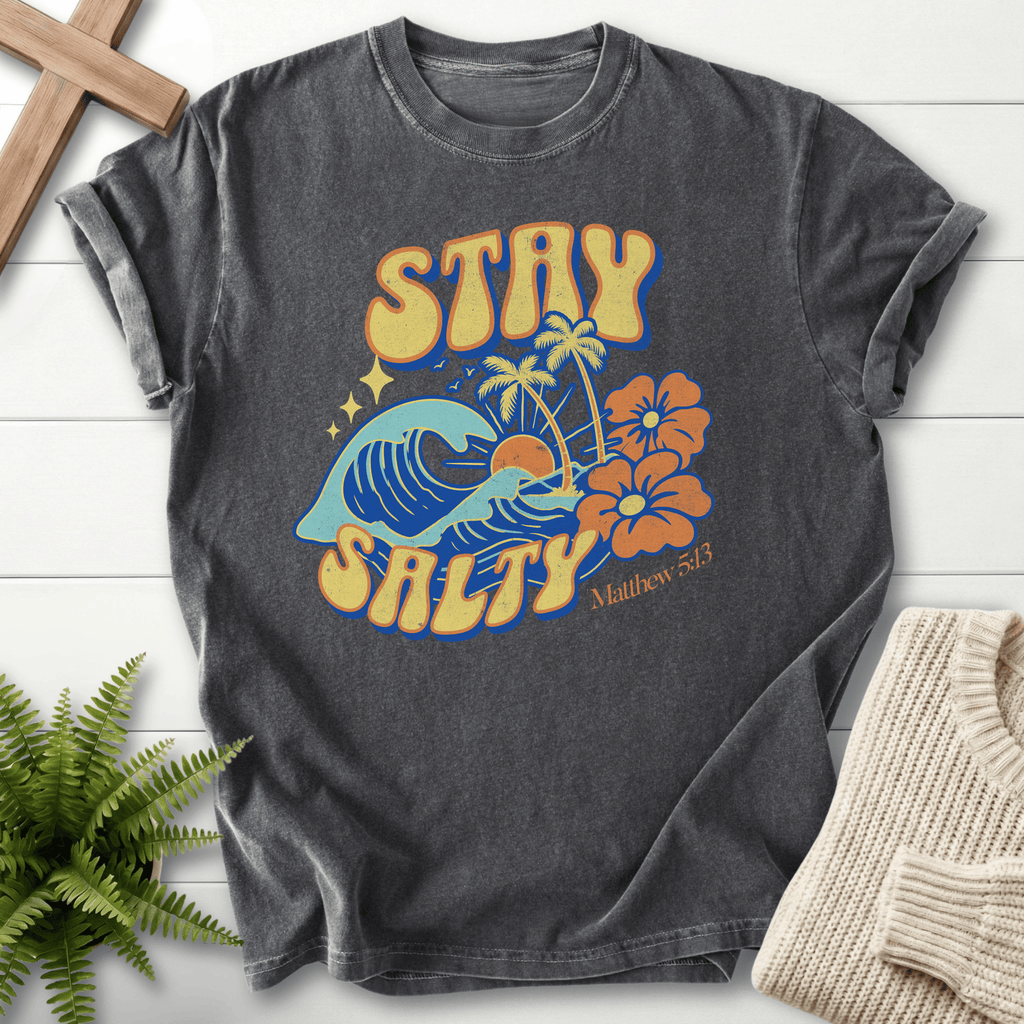 Pepper women's faith t-shirt with Stay Salty beach graphic and palm trees, inspired by Matthew 5:13.