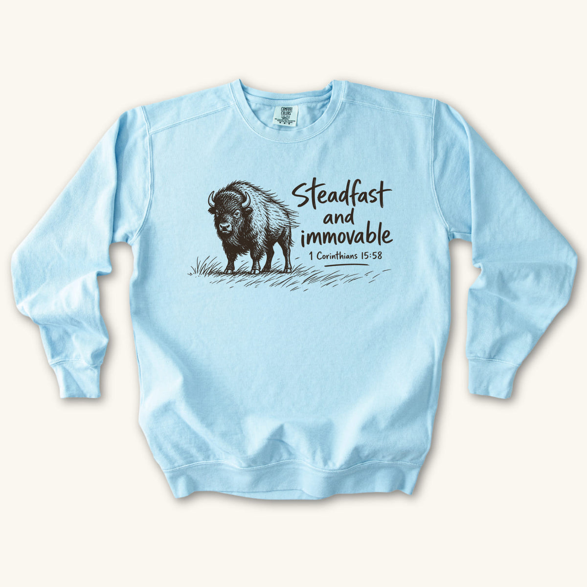Chambray Steadfast and Immovable Bison sweatshirt flat lay mockup, 1 Corinthians 15:58 Christian apparel for women
