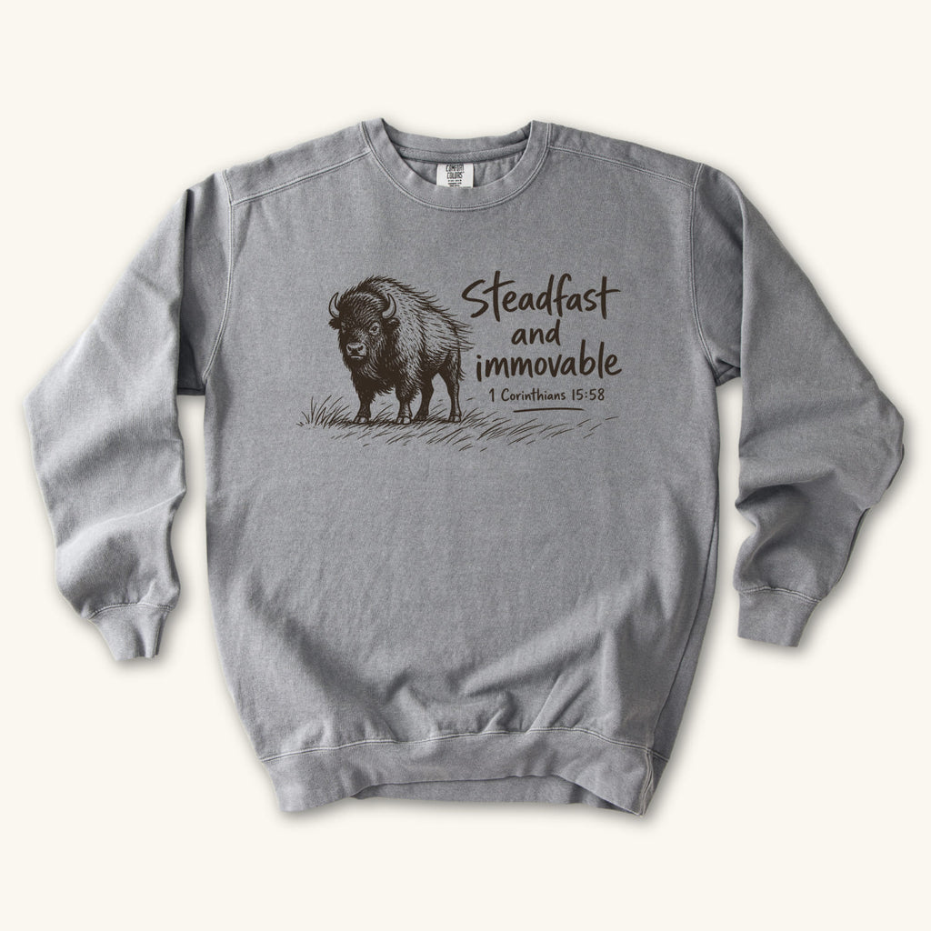 Grey Steadfast and Immovable Bison sweatshirt flat lay mockup, 1 Corinthians 15:58 Christian apparel for women