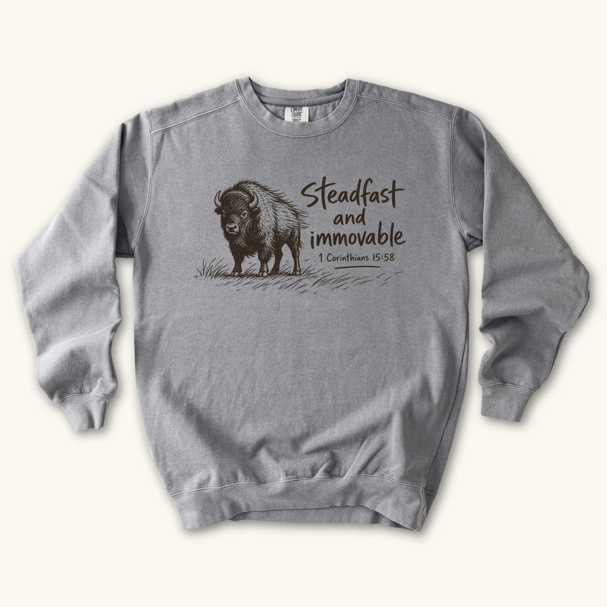 Grey Steadfast and Immovable Bison sweatshirt flat lay mockup, 1 Corinthians 15:58 Christian apparel for women