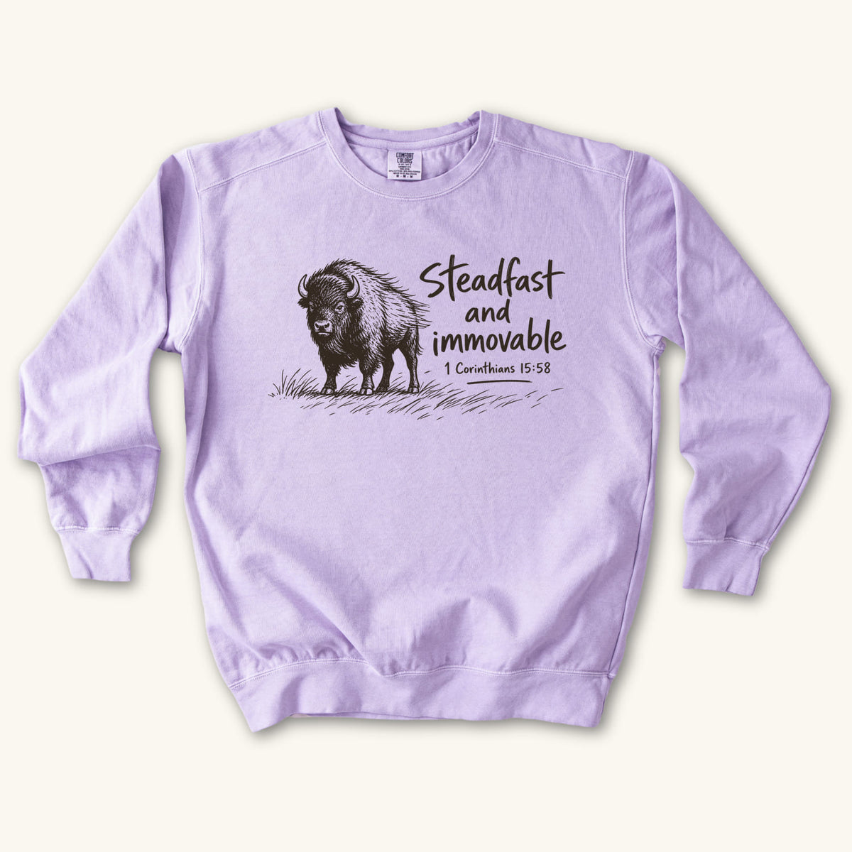 Orchid Steadfast and Immovable Bison sweatshirt flat lay mockup, 1 Corinthians 15:58 Christian apparel for women