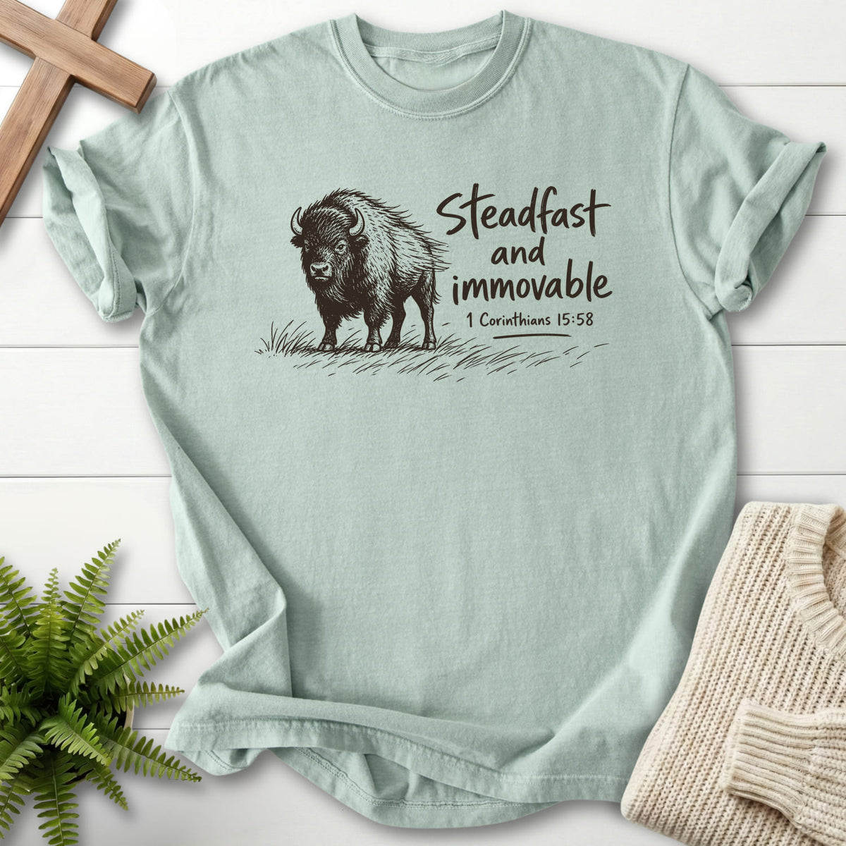 Bay Steadfast and Immovable Bison T-shirt flat lay mockup, 1 Corinthians 15:58 Christian apparel for women