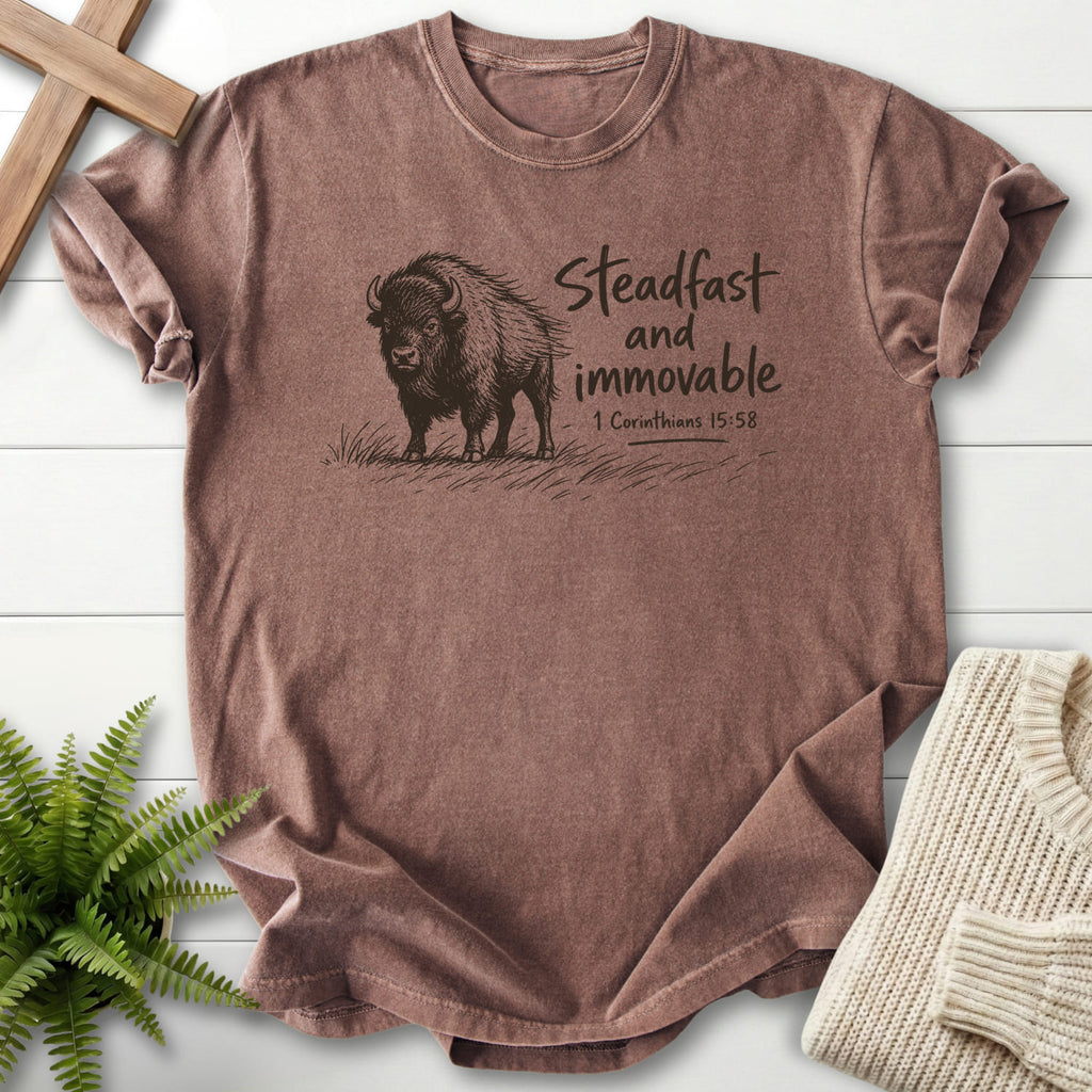 Espresso Steadfast and Immovable Bison T-shirt flat lay mockup, 1 Corinthians 15:58 Christian apparel for women
