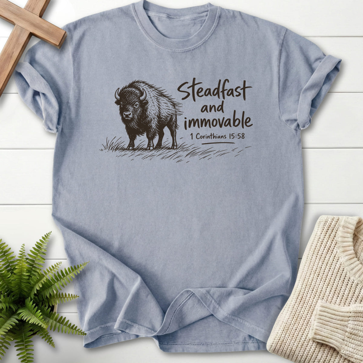 Granite Steadfast and Immovable Bison T-shirt flat lay mockup, 1 Corinthians 15:58 Christian apparel for women
