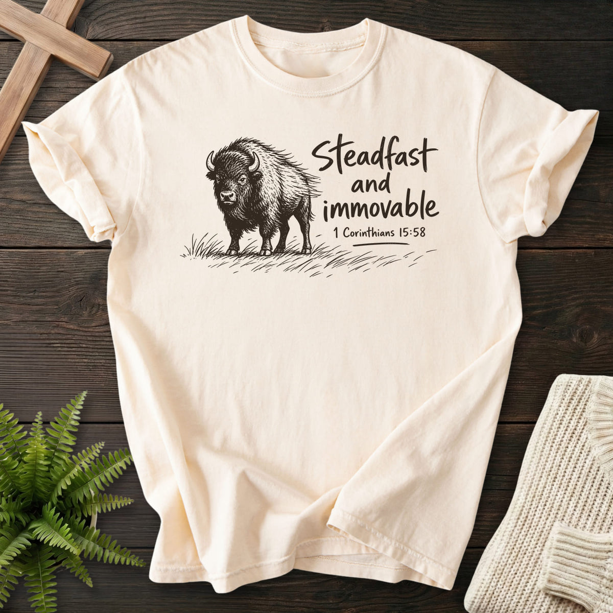 Ivory Steadfast and Immovable Bison T-shirt flat lay mockup, 1 Corinthians 15:58 Christian apparel for women